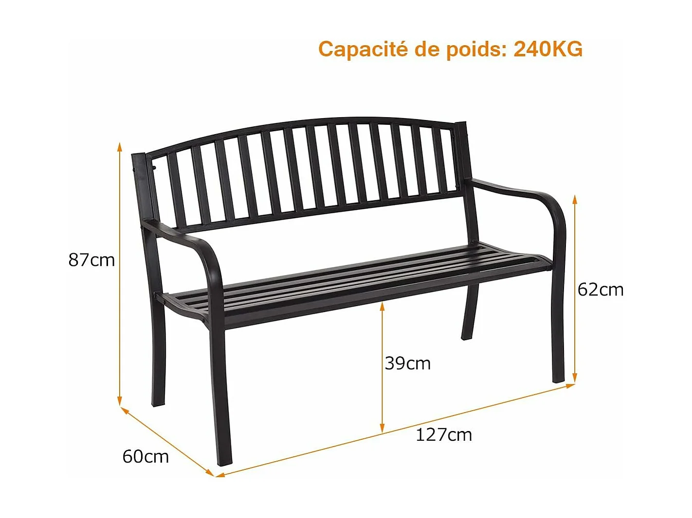 Banc de Jardin Extérieur 3 Personnes Cadre en Métal Charge 240KG pour Pelouse, Terrasse, Véranda, Cour, 127 x 60 x 87CM