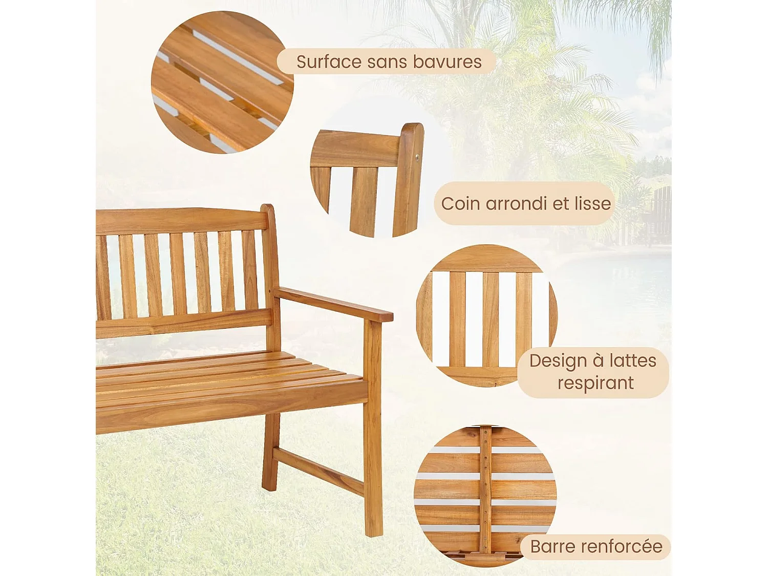 Banc de Jardin en Bois en Acacia pour 2 Personnes, Banquette de Jardin Extérieure à Lattes Charge 360KG, pour Patio Cour Balcon, 110 x 56,5 x 86 cm