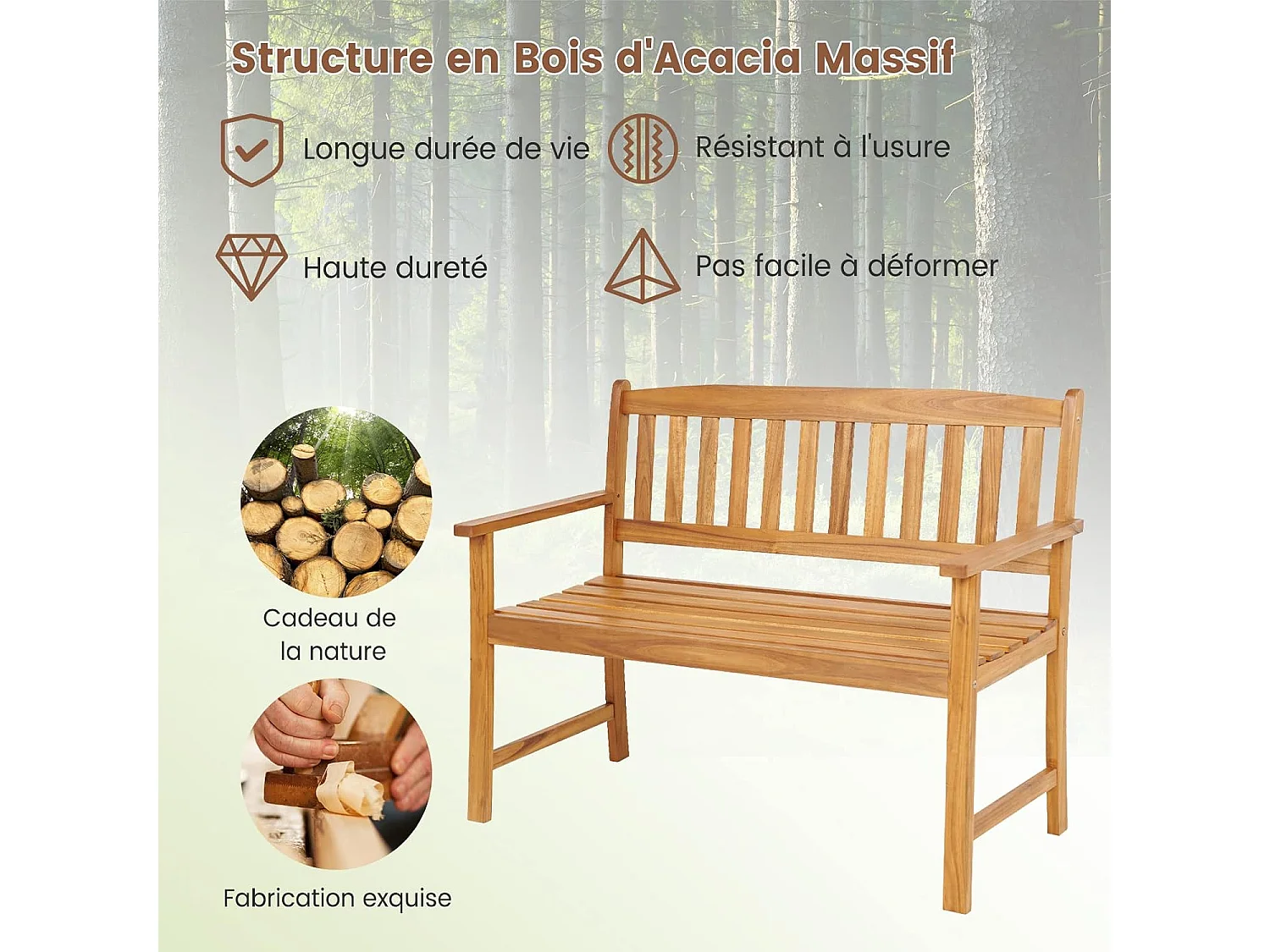 Banc de Jardin en Bois en Acacia pour 2 Personnes, Banquette de Jardin Extérieure à Lattes Charge 360KG, pour Patio Cour Balcon, 110 x 56,5 x 86 cm
