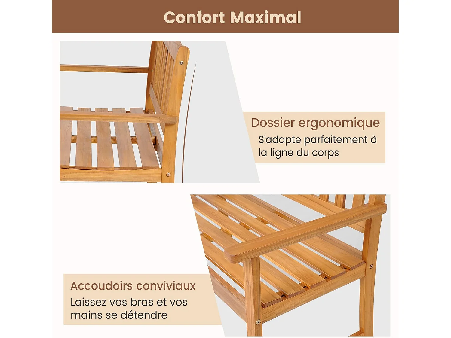 Banc de Jardin en Bois en Acacia pour 2 Personnes, Banquette de Jardin Extérieure à Lattes Charge 360KG, pour Patio Cour Balcon, 110 x 56,5 x 86 cm