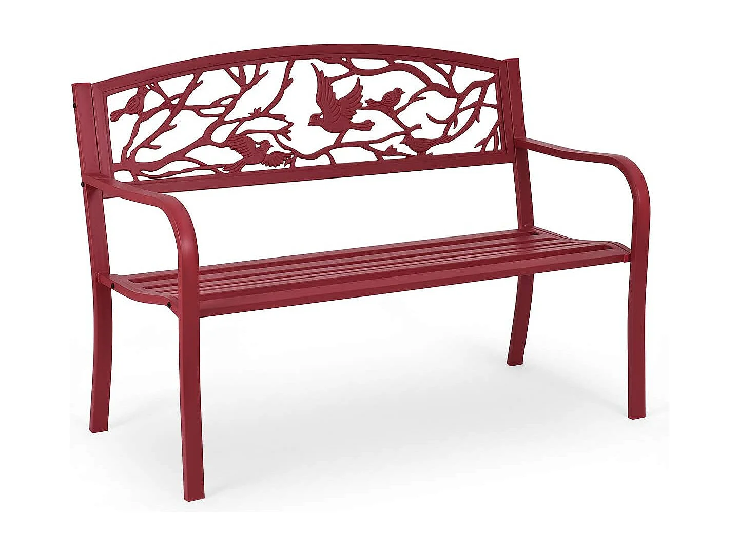 Banc de Jardin Structure Stable Banquette de Jardin Motif Oiseaux et Branches - pour Parc Terrasse Balcon 123 x 60 x 88 cm Rouge