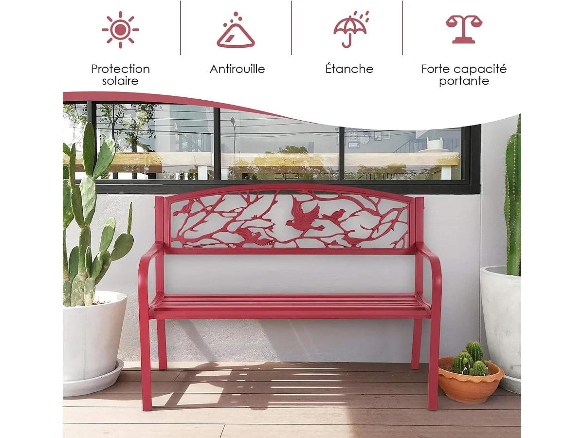 Banc de Jardin Structure Stable Banquette de Jardin Motif Oiseaux et Branches - pour Parc Terrasse Balcon 123 x 60 x 88 cm Rouge
