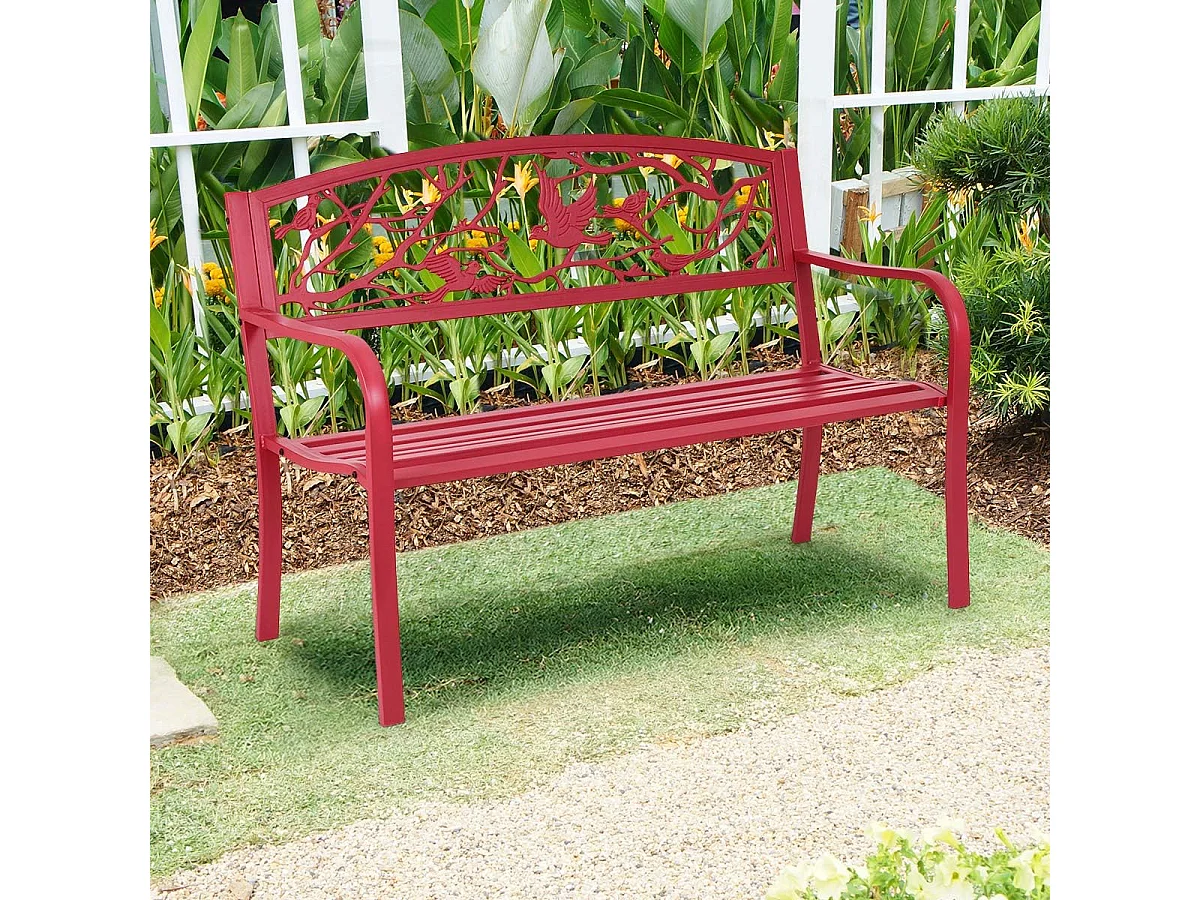 Banc de Jardin Structure Stable Banquette de Jardin Motif Oiseaux et Branches - pour Parc Terrasse Balcon 123 x 60 x 88 cm Rouge