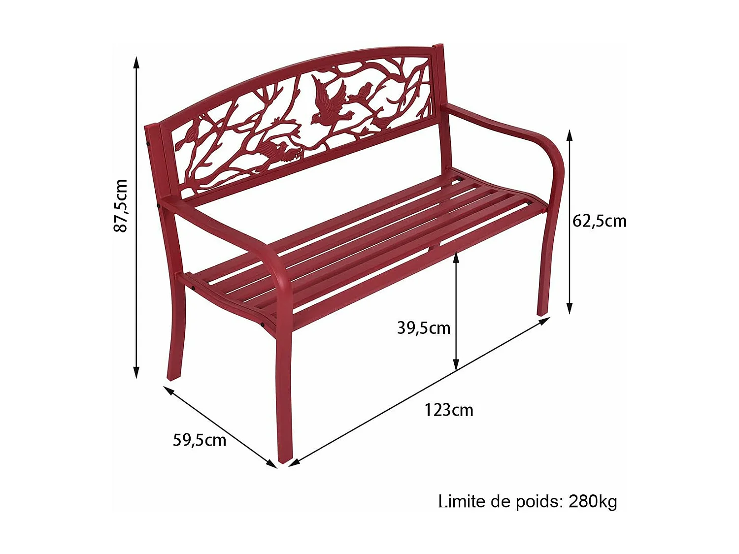Banc de Jardin Structure Stable Banquette de Jardin Motif Oiseaux et Branches - pour Parc Terrasse Balcon 123 x 60 x 88 cm Rouge
