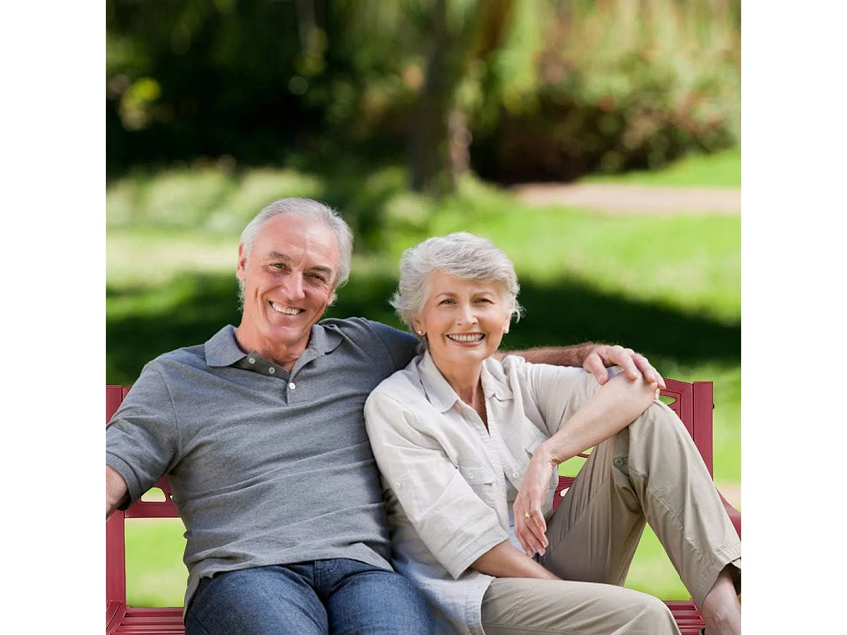 Banc de Jardin Structure Stable Banquette de Jardin Motif Oiseaux et Branches - pour Parc Terrasse Balcon 123 x 60 x 88 cm Rouge