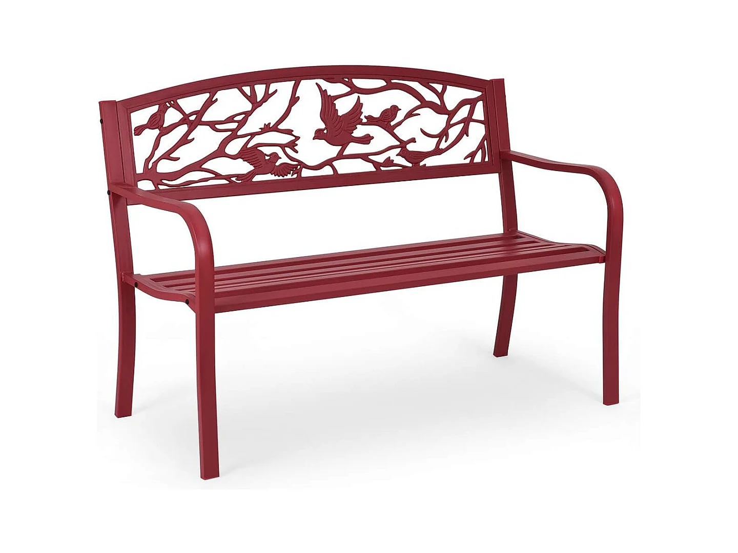 Banc de Jardin Structure Stable Banquette de Jardin Motif Oiseaux et Branches - pour Parc Terrasse Balcon 123 x 60 x 88 cm Rouge
