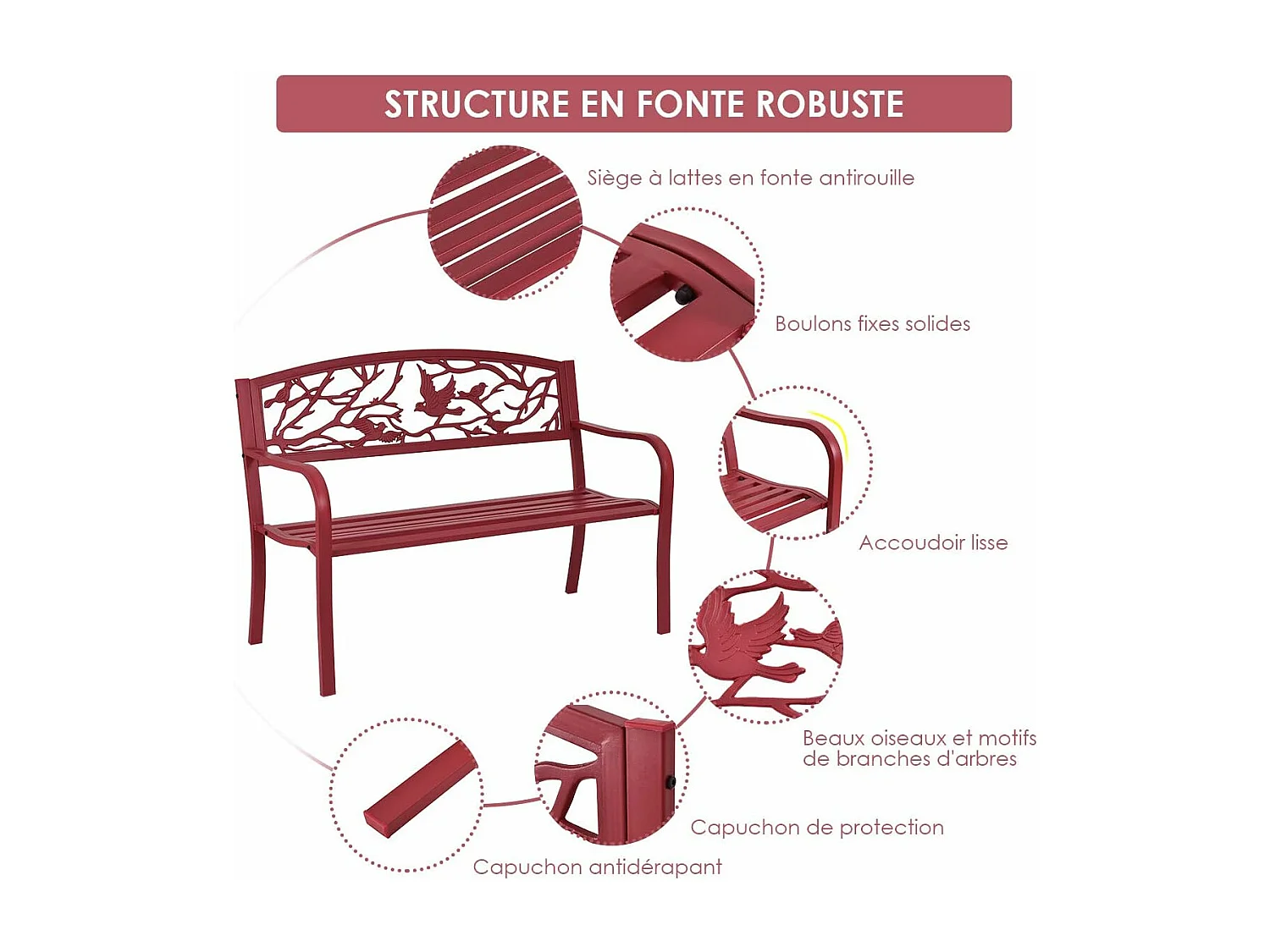 Banc de Jardin Structure Stable Banquette de Jardin Motif Oiseaux et Branches - pour Parc Terrasse Balcon 123 x 60 x 88 cm Rouge