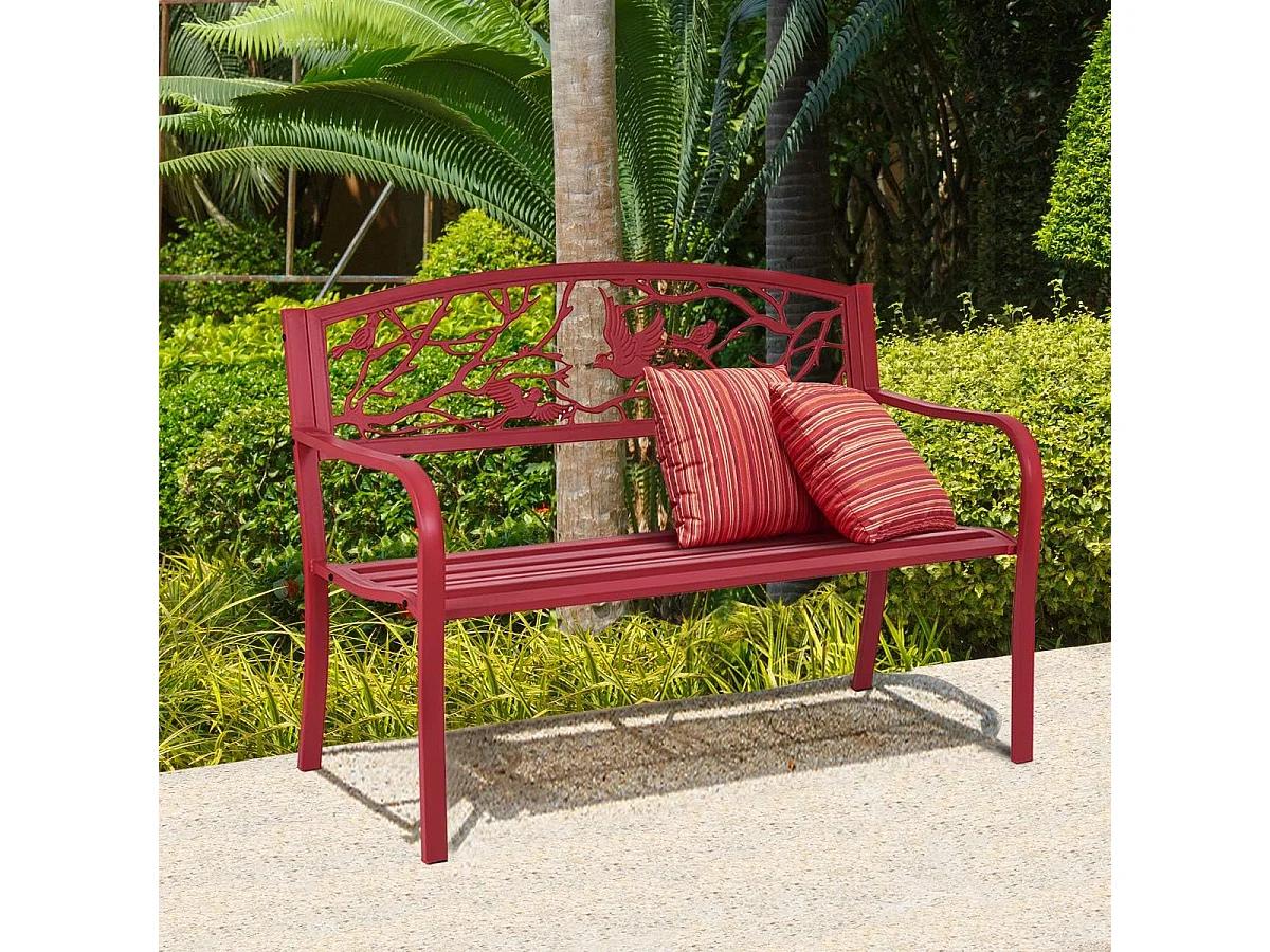 Banc de Jardin Structure Stable Banquette de Jardin Motif Oiseaux et Branches - pour Parc Terrasse Balcon 123 x 60 x 88 cm Rouge