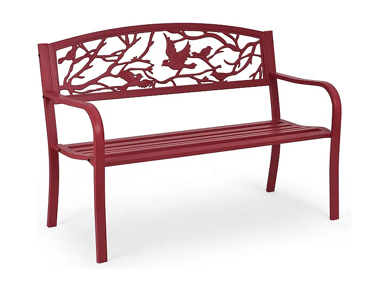 Banc de Jardin Structure Stable Banquette de Jardin Motif Oiseaux et Branches - pour Parc Terrasse Balcon 123 x 60 x 88 cm Rouge