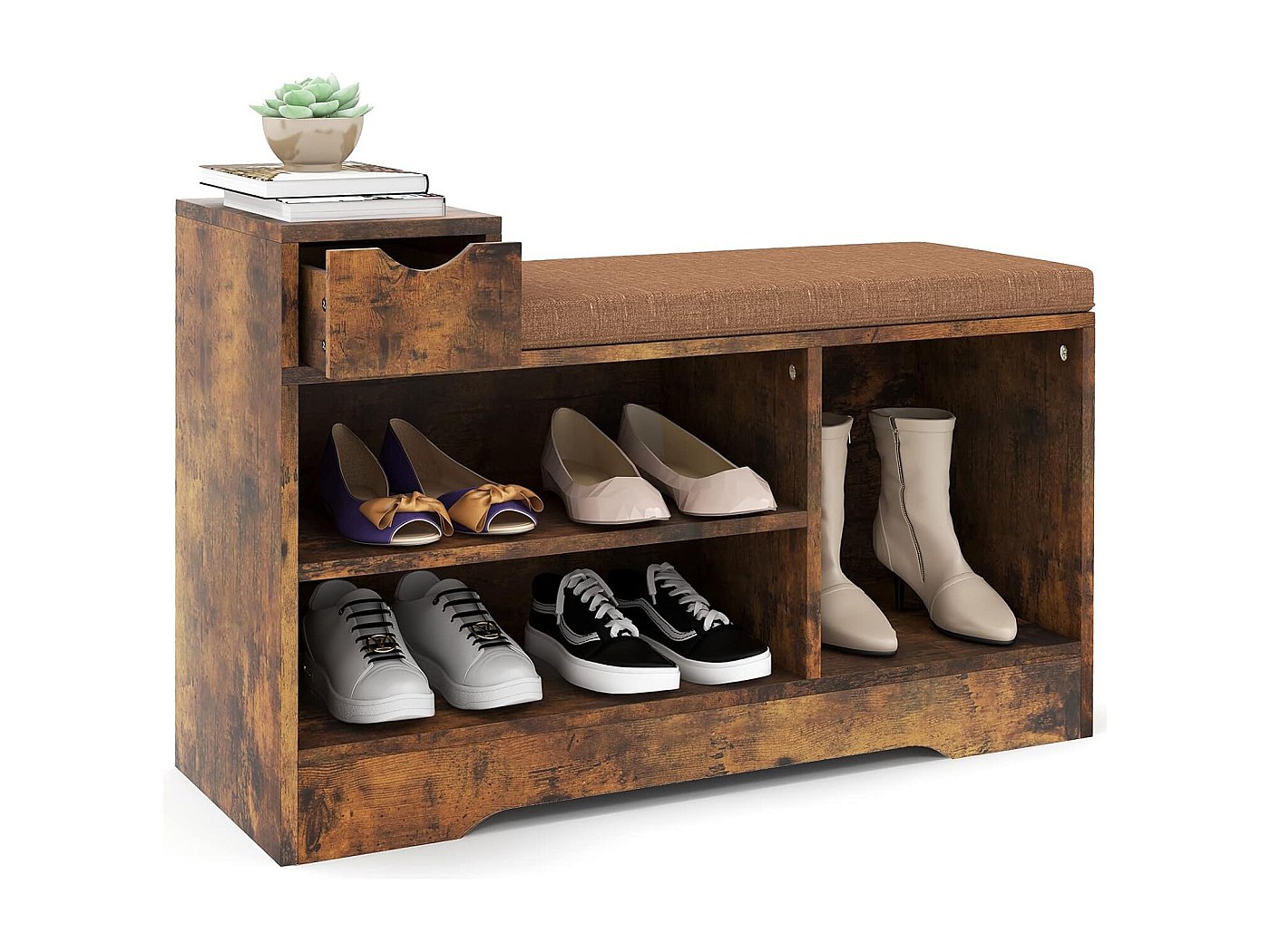 Banc à Chaussures D'entrée En Bambou - Avec Rangement Et Assise Rembourrée - Design Rustique - Plusieurs Tailles