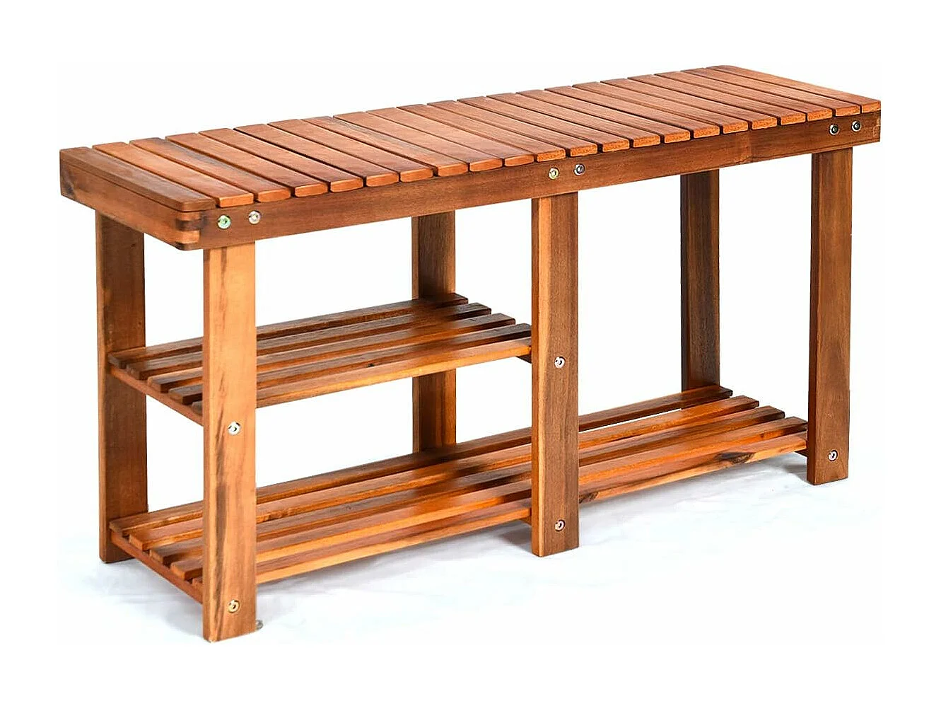 Banc à Chaussures en Bois d'Acacia, Étagère de Rangement à 3 Niveaux, Charge 160 kg, pour l’Entrée, Salon, Salle de Bain, Couloir, Jardin 28 x 87 x 45 cm, Roux