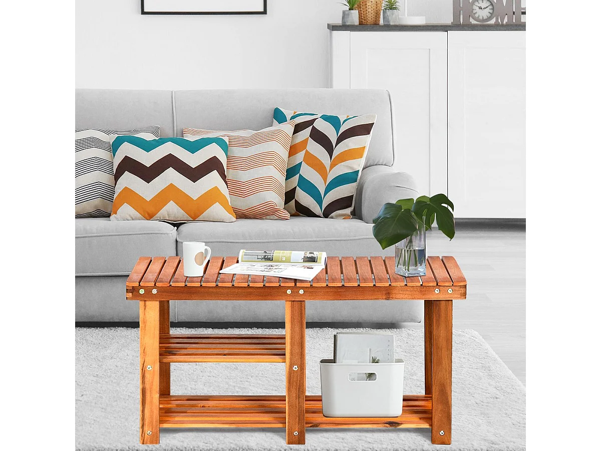 Banc à Chaussures en Bois d'Acacia, Étagère de Rangement à 3 Niveaux, Charge 160 kg, pour l’Entrée, Salon, Salle de Bain, Couloir, Jardin 28 x 87 x 45 cm, Roux