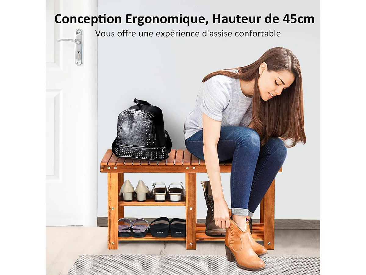 Banc à Chaussures en Bois d'Acacia, Étagère de Rangement à 3 Niveaux, Charge 160 kg, pour l’Entrée, Salon, Salle de Bain, Couloir, Jardin 28 x 87 x 45 cm, Roux