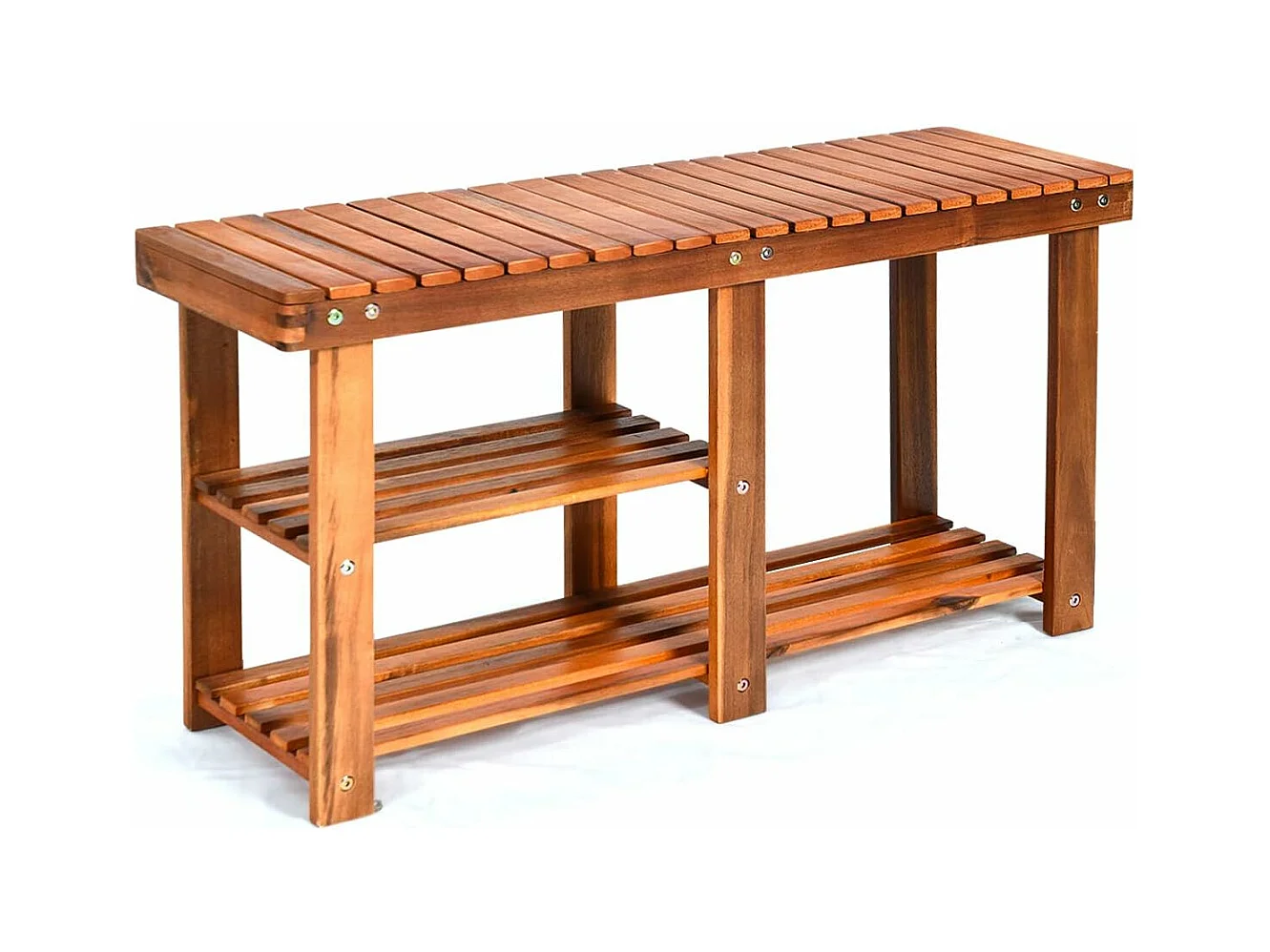 Banc à Chaussures en Bois d'Acacia, Étagère de Rangement à 3 Niveaux, Charge 160 kg, pour l’Entrée, Salon, Salle de Bain, Couloir, Jardin 28 x 87 x 45 cm, Roux