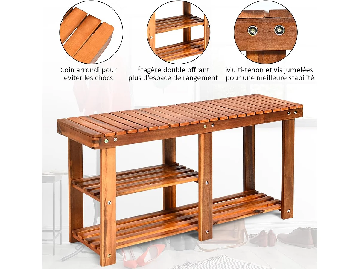 Banc à Chaussures en Bois d'Acacia, Étagère de Rangement à 3 Niveaux, Charge 160 kg, pour l’Entrée, Salon, Salle de Bain, Couloir, Jardin 28 x 87 x 45 cm, Roux