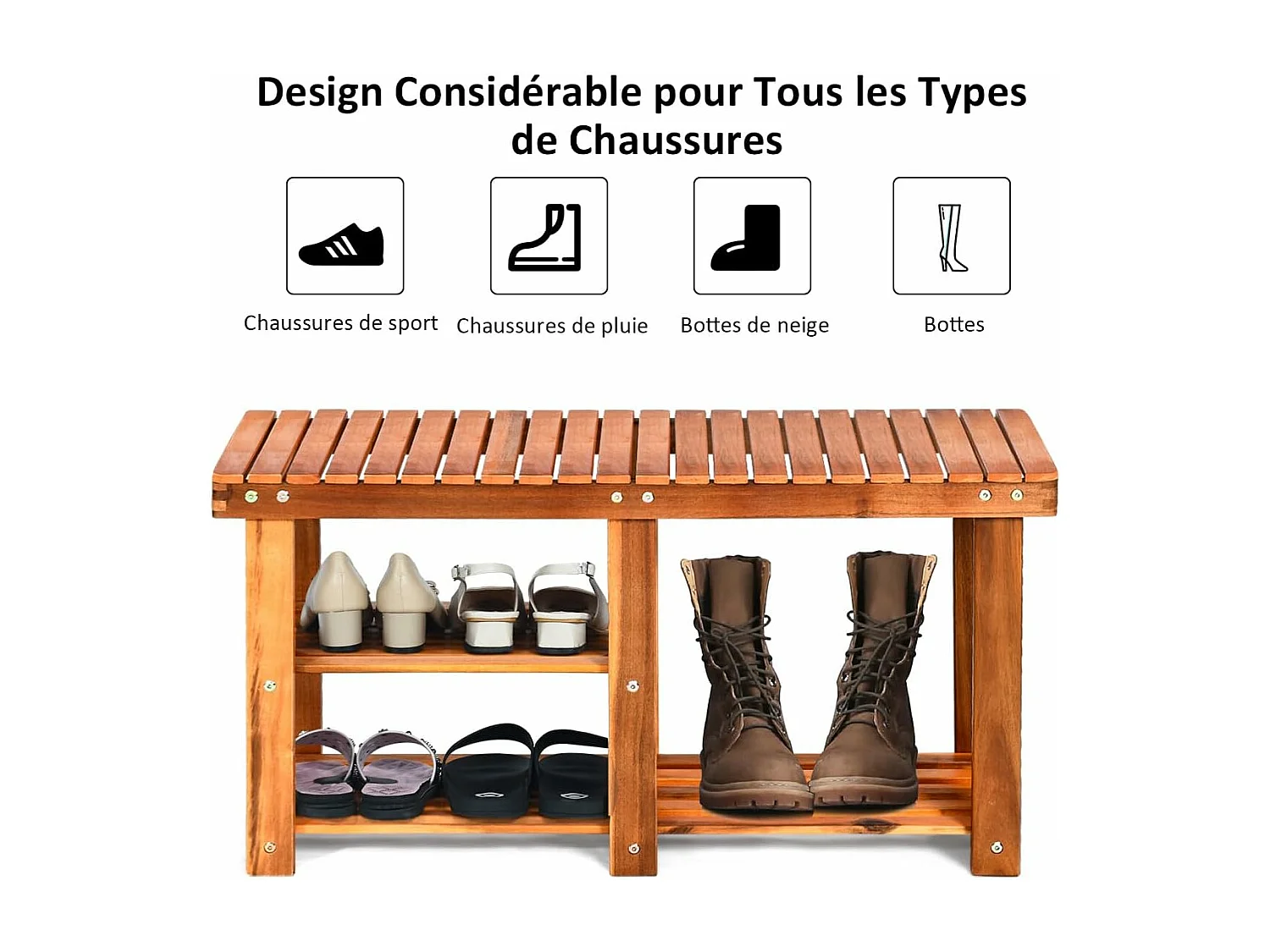 Banc à Chaussures en Bois d'Acacia, Étagère de Rangement à 3 Niveaux, Charge 160 kg, pour l’Entrée, Salon, Salle de Bain, Couloir, Jardin 28 x 87 x 45 cm, Roux