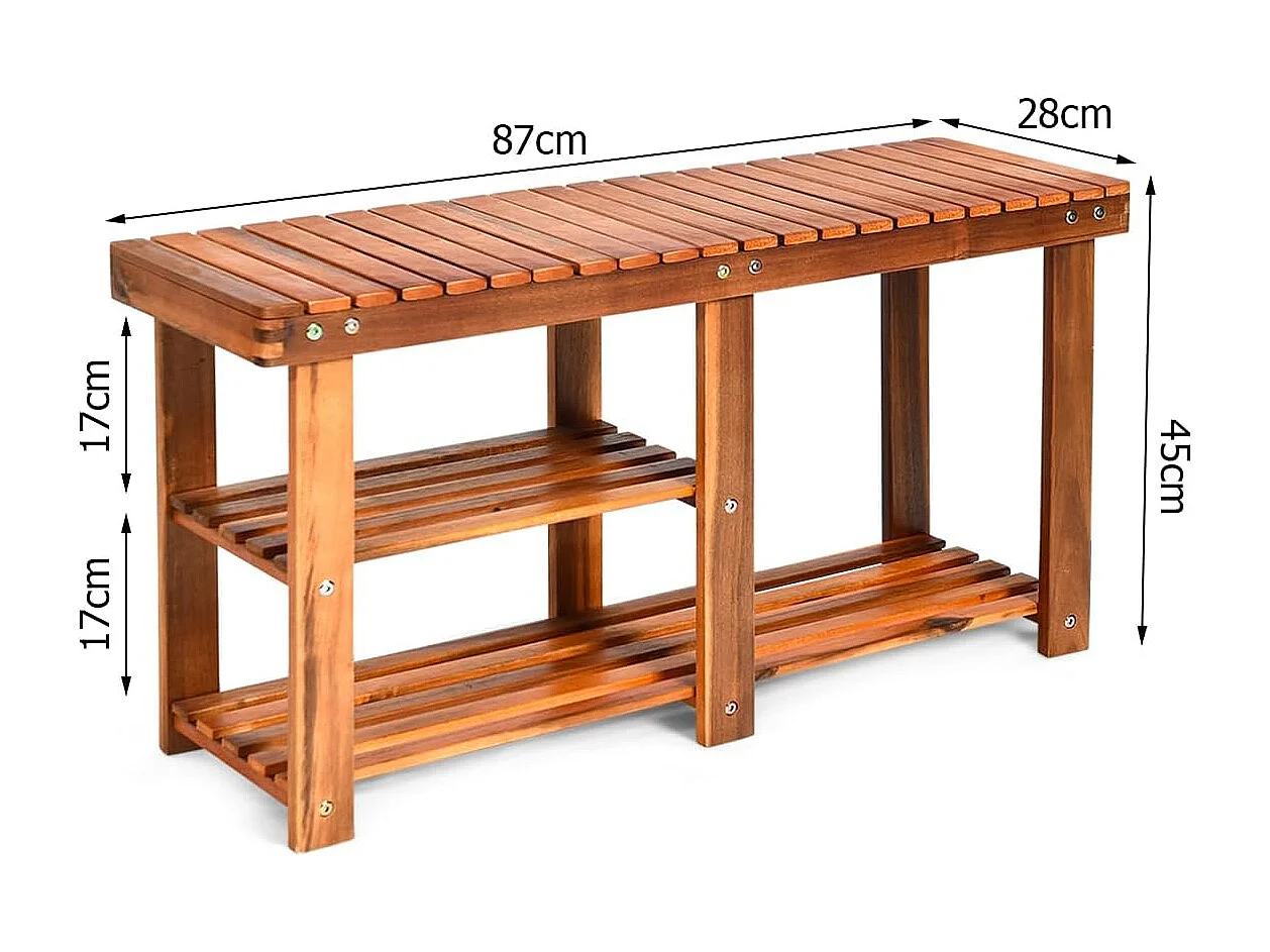 Banc à Chaussures en Bois d'Acacia, Étagère de Rangement à 3 Niveaux, Charge 160 kg, pour l’Entrée, Salon, Salle de Bain, Couloir, Jardin 28 x 87 x 45 cm, Roux