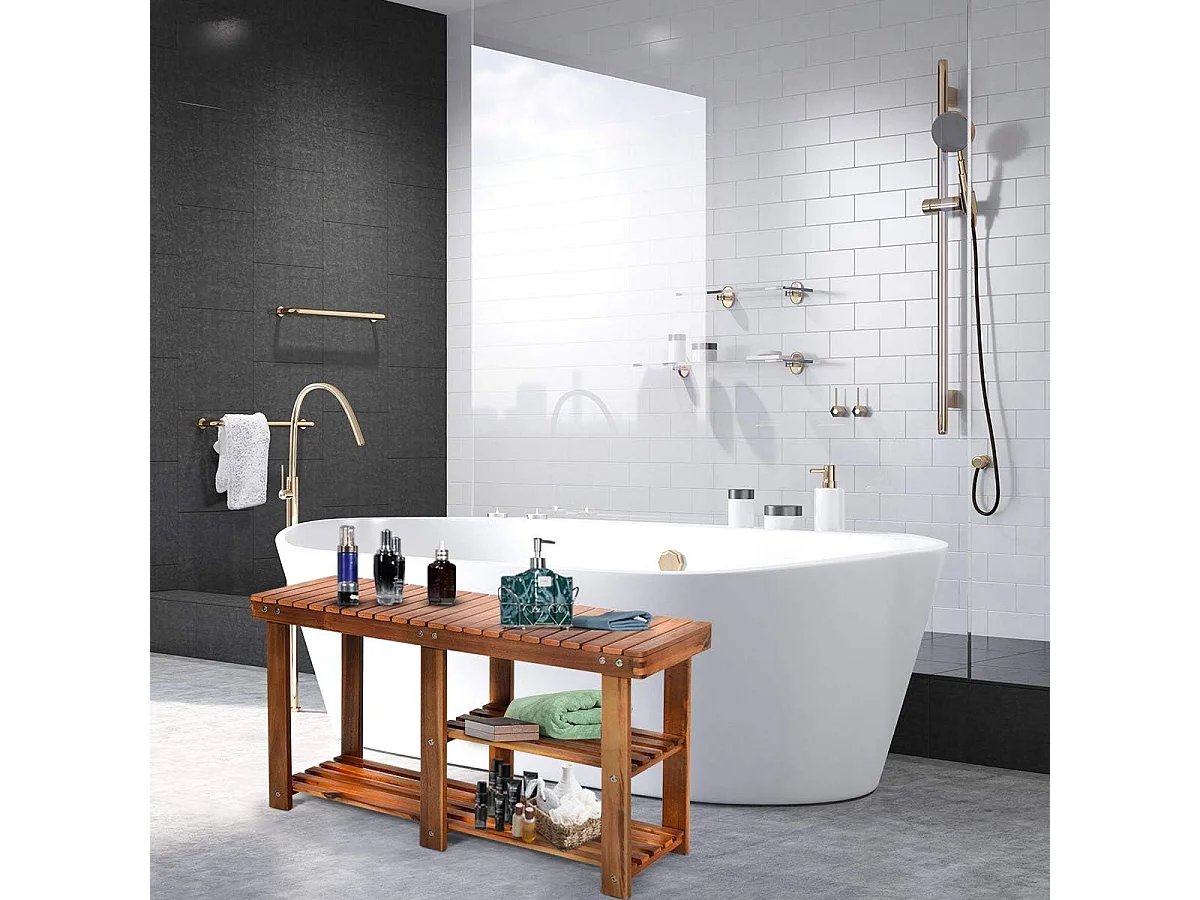 Banc à Chaussures en Bois d'Acacia, Étagère de Rangement à 3 Niveaux, Charge 160 kg, pour l’Entrée, Salon, Salle de Bain, Couloir, Jardin 28 x 87 x 45 cm, Roux