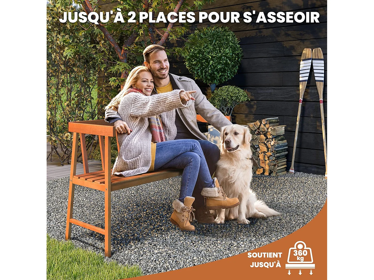 Banc de Jardin en Bois Acacia, Banquette de Jardin Extérieure à Lattes 2 Places Charge 360KG, Large Dossier, pour Patio Cour Balcon, 110 x 46 x 72 cm