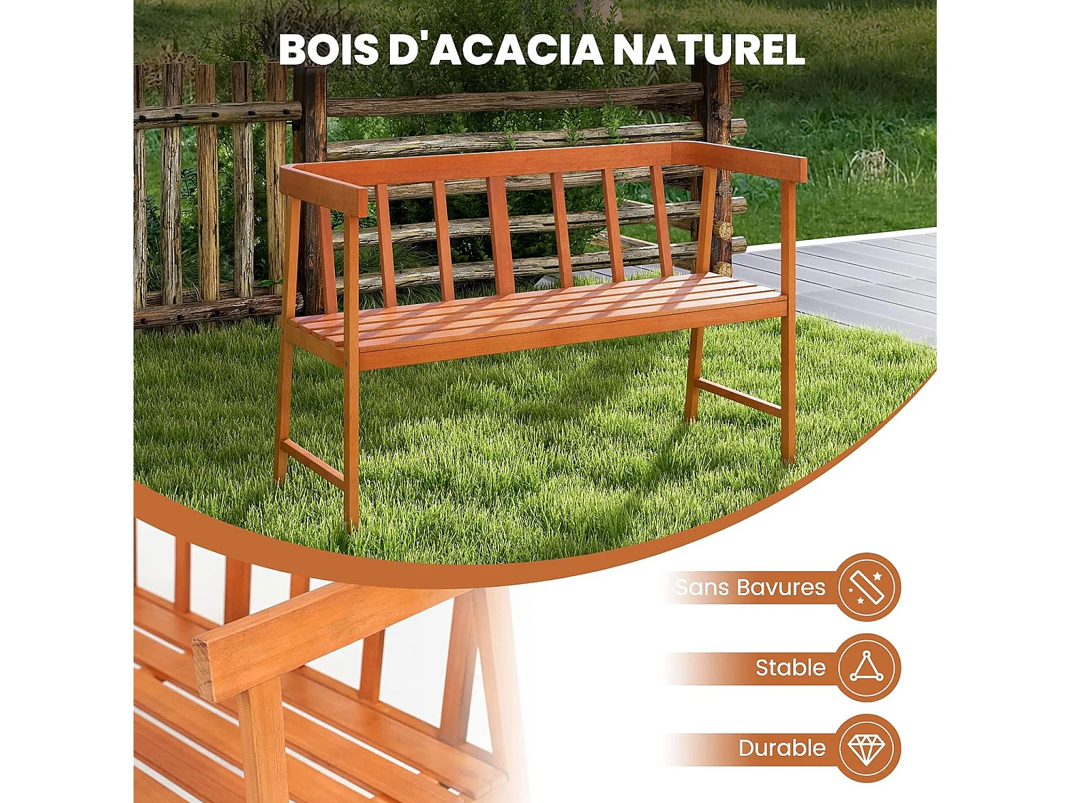 Banc de Jardin en Bois Acacia, Banquette de Jardin Extérieure à Lattes 2 Places Charge 360KG, Large Dossier, pour Patio Cour Balcon, 110 x 46 x 72 cm