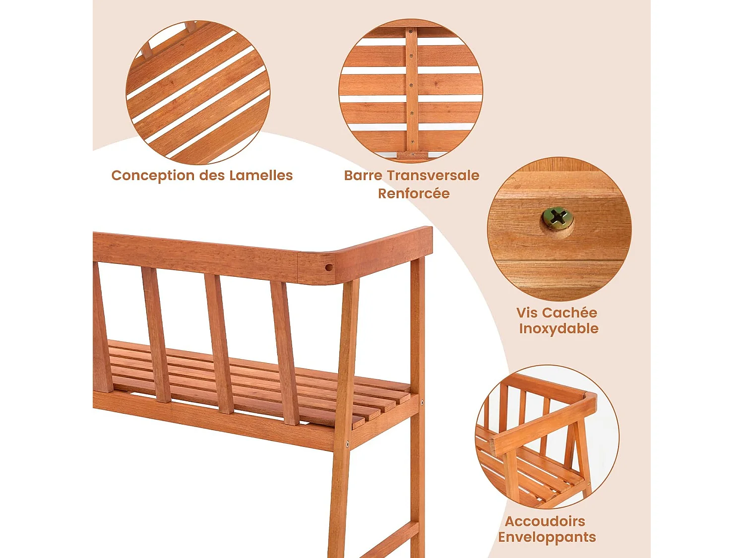 Banc de Jardin en Bois Acacia, Banquette de Jardin Extérieure à Lattes 2 Places Charge 360KG, Large Dossier, pour Patio Cour Balcon, 110 x 46 x 72 cm