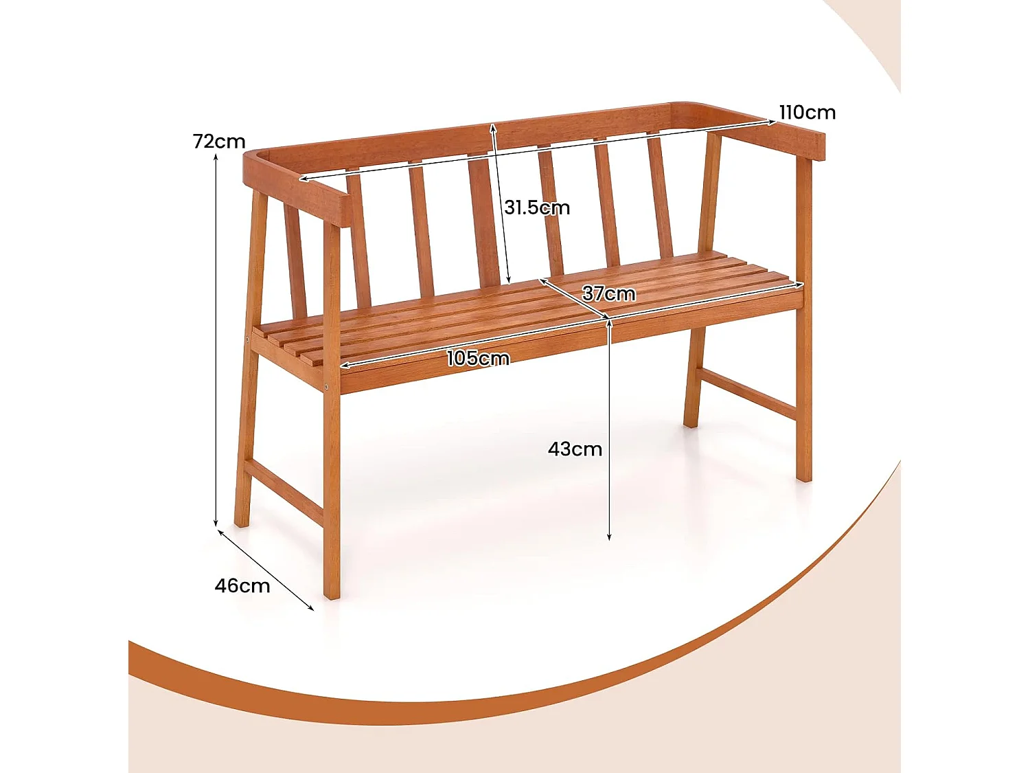 Banc de Jardin en Bois Acacia, Banquette de Jardin Extérieure à Lattes 2 Places Charge 360KG, Large Dossier, pour Patio Cour Balcon, 110 x 46 x 72 cm