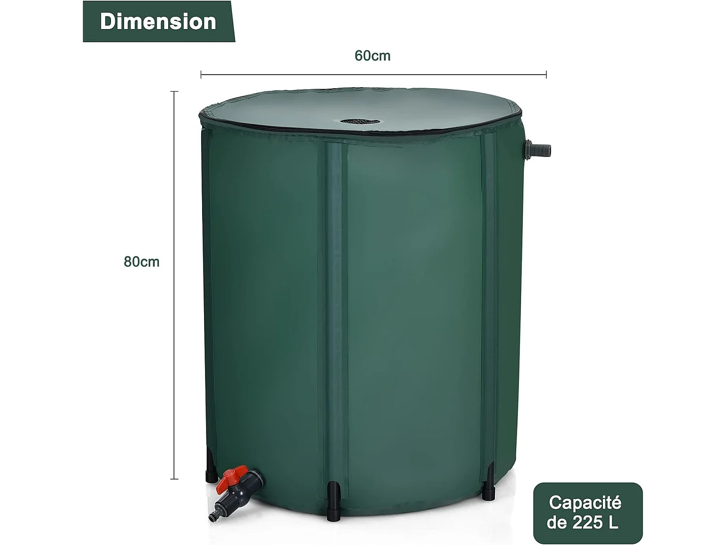Récupérateur d’Eau de Pluie 225L -Pliable Réservoir à Eau Filtre Ø60 x 80 cm Vert