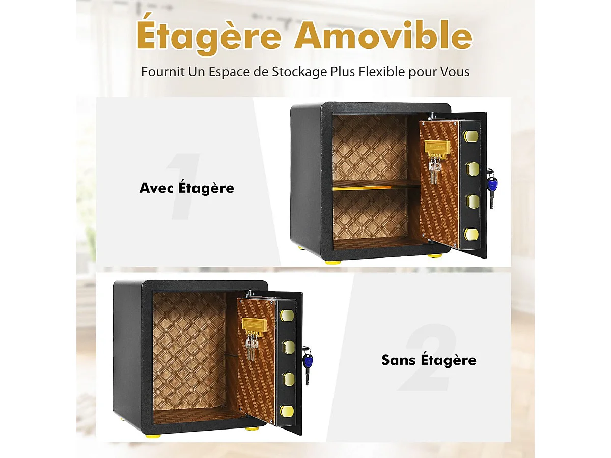 Coffre-fort de Sécurité Électronique 45L, avec Clavier Numérique, Système d'Alarme, Étagère Amovible, 2 Clés Principales et 2 d'Urgence, 36 x 31 x 41 CM