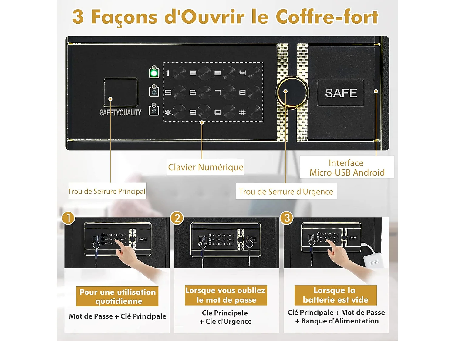 Coffre-fort de Sécurité Électronique 45L, avec Clavier Numérique, Système d'Alarme, Étagère Amovible, 2 Clés Principales et 2 d'Urgence, 36 x 31 x 41 CM