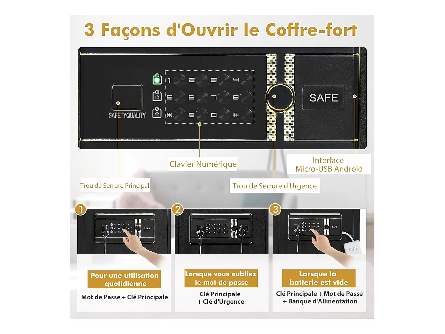 Coffre-fort de Sécurité Électronique 45L, avec Clavier Numérique, Système d'Alarme, Étagère Amovible, 2 Clés Principales et 2 d'Urgence, 36 x 31 x 41 CM