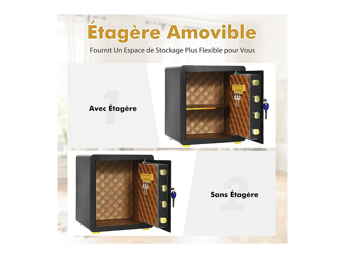 Coffre-fort de Sécurité Électronique 45L, avec Clavier Numérique, Système d'Alarme, Étagère Amovible, 2 Clés Principales et 2 d'Urgence, 36 x 31 x 41 CM