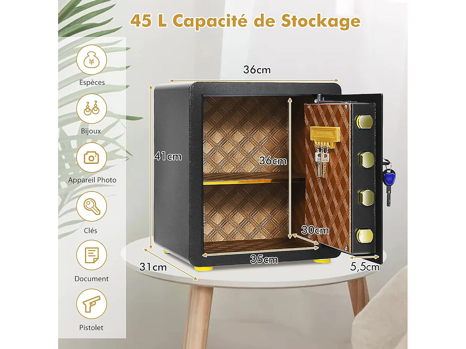 Coffre-fort de Sécurité Électronique 45L, avec Clavier Numérique, Système d'Alarme, Étagère Amovible, 2 Clés Principales et 2 d'Urgence, 36 x 31 x 41 CM