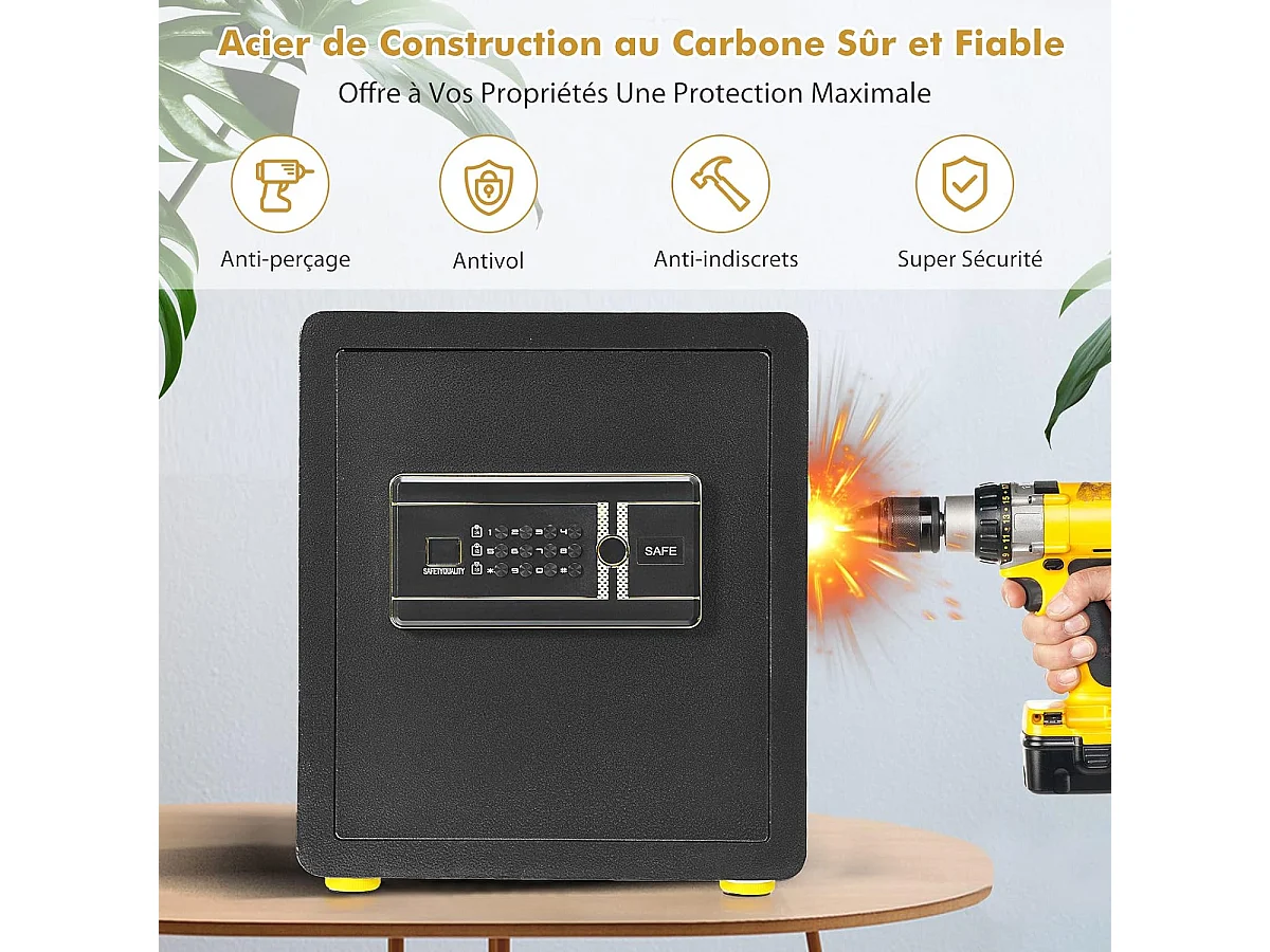 Coffre-fort de Sécurité Électronique 45L, avec Clavier Numérique, Système d'Alarme, Étagère Amovible, 2 Clés Principales et 2 d'Urgence, 36 x 31 x 41 CM