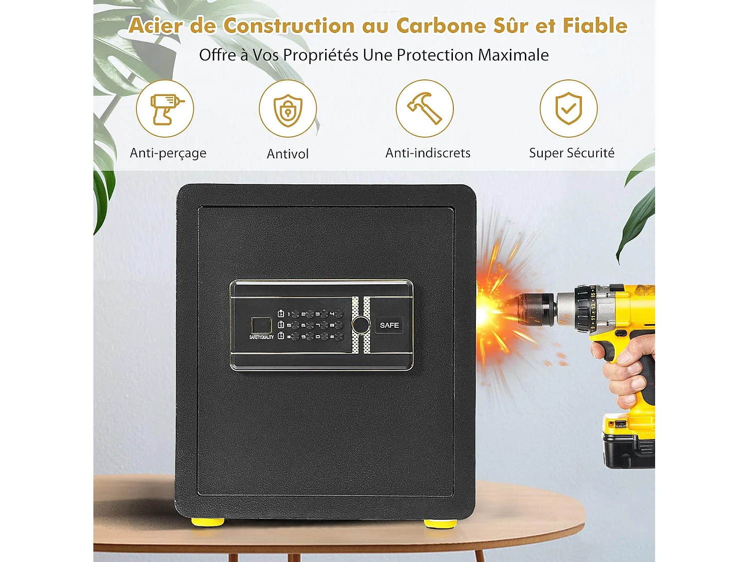 Coffre-fort de Sécurité Électronique 45L, avec Clavier Numérique, Système d'Alarme, Étagère Amovible, 2 Clés Principales et 2 d'Urgence, 36 x 31 x 41 CM