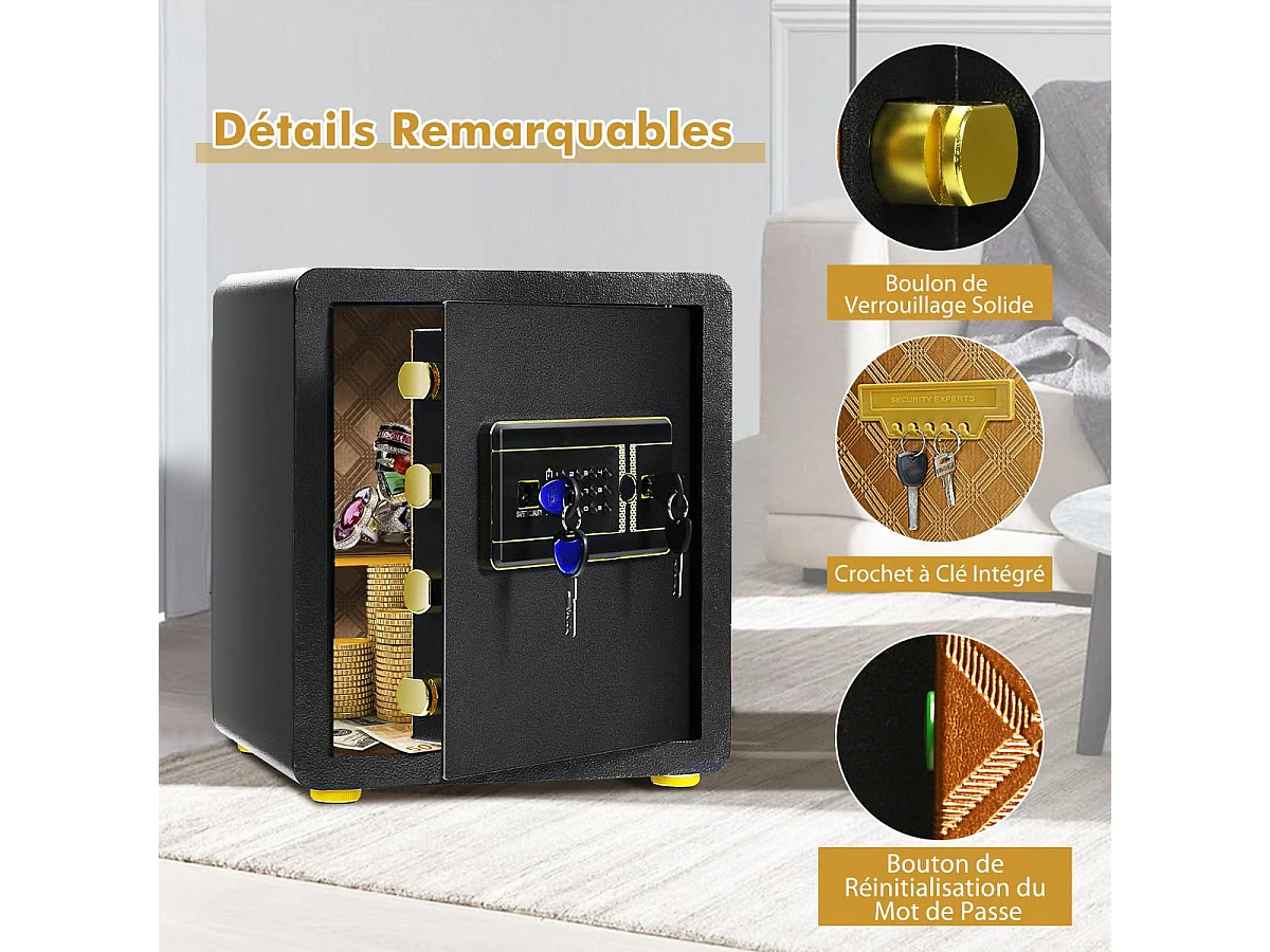 Coffre-fort de Sécurité Électronique 45L, avec Clavier Numérique, Système d'Alarme, Étagère Amovible, 2 Clés Principales et 2 d'Urgence, 36 x 31 x 41 CM