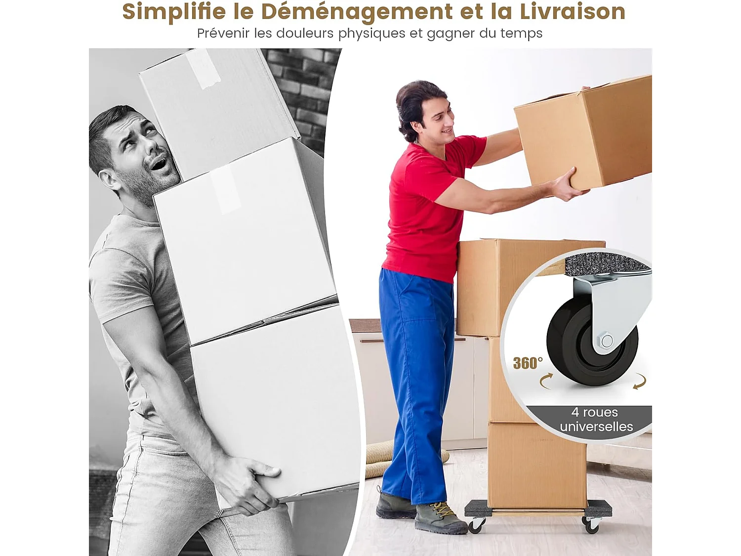 Chariot de Transport à 4 Roues Universelles 77x47 cm, Chariots à roulettes Bois d'Acacia pour Meubles Charge 450KG, Outil de Levage pour Déménagement