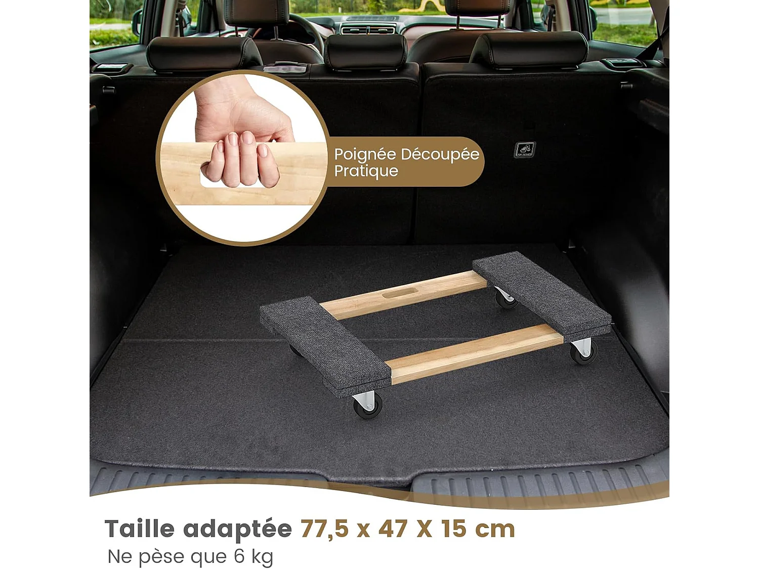 Chariot de Transport à 4 Roues Universelles 77x47 cm, Chariots à roulettes Bois d'Acacia pour Meubles Charge 450KG, Outil de Levage pour Déménagement