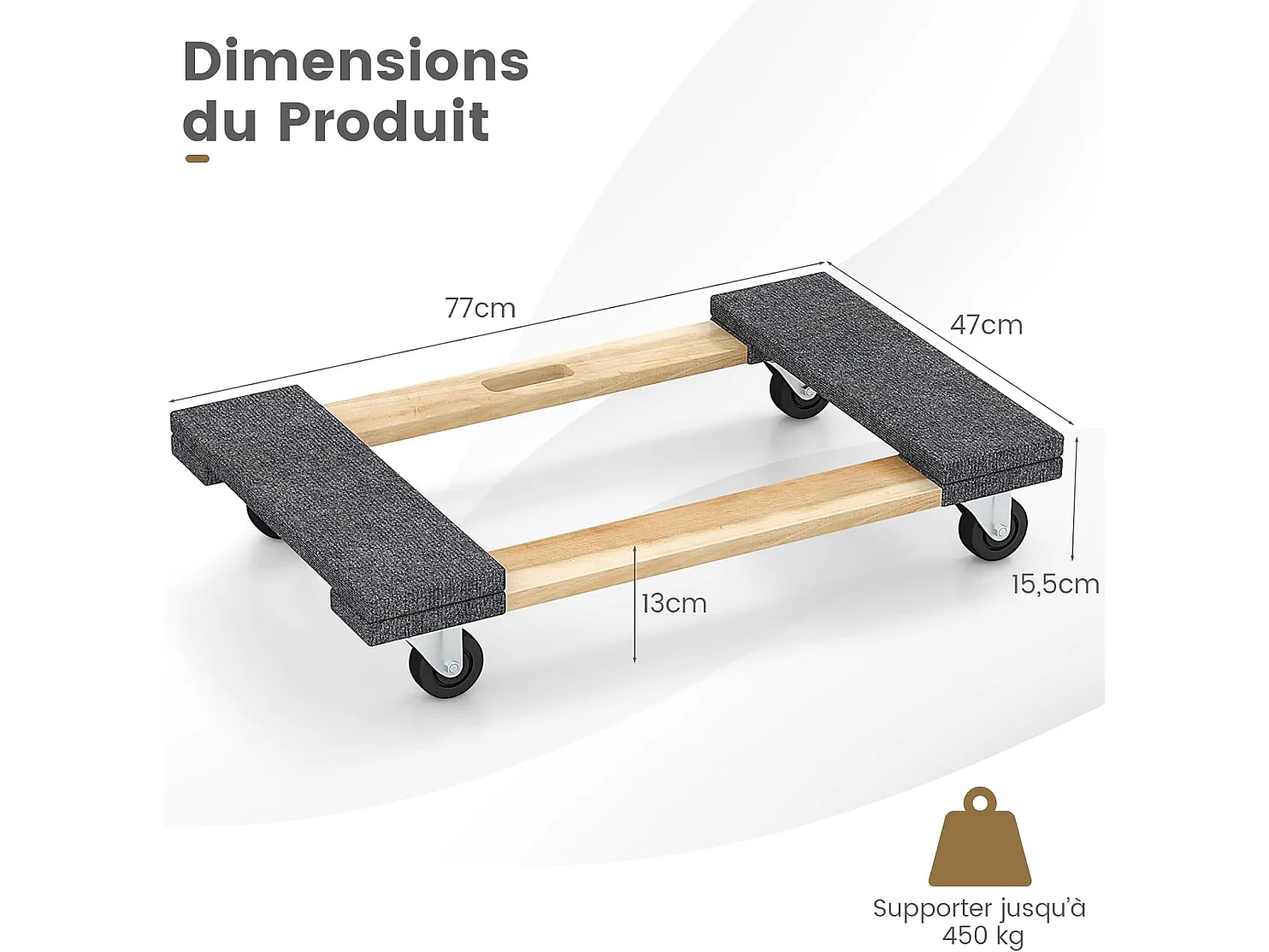 Chariot de Transport à 4 Roues Universelles 77x47 cm, Chariots à roulettes Bois d'Acacia pour Meubles Charge 450KG, Outil de Levage pour Déménagement