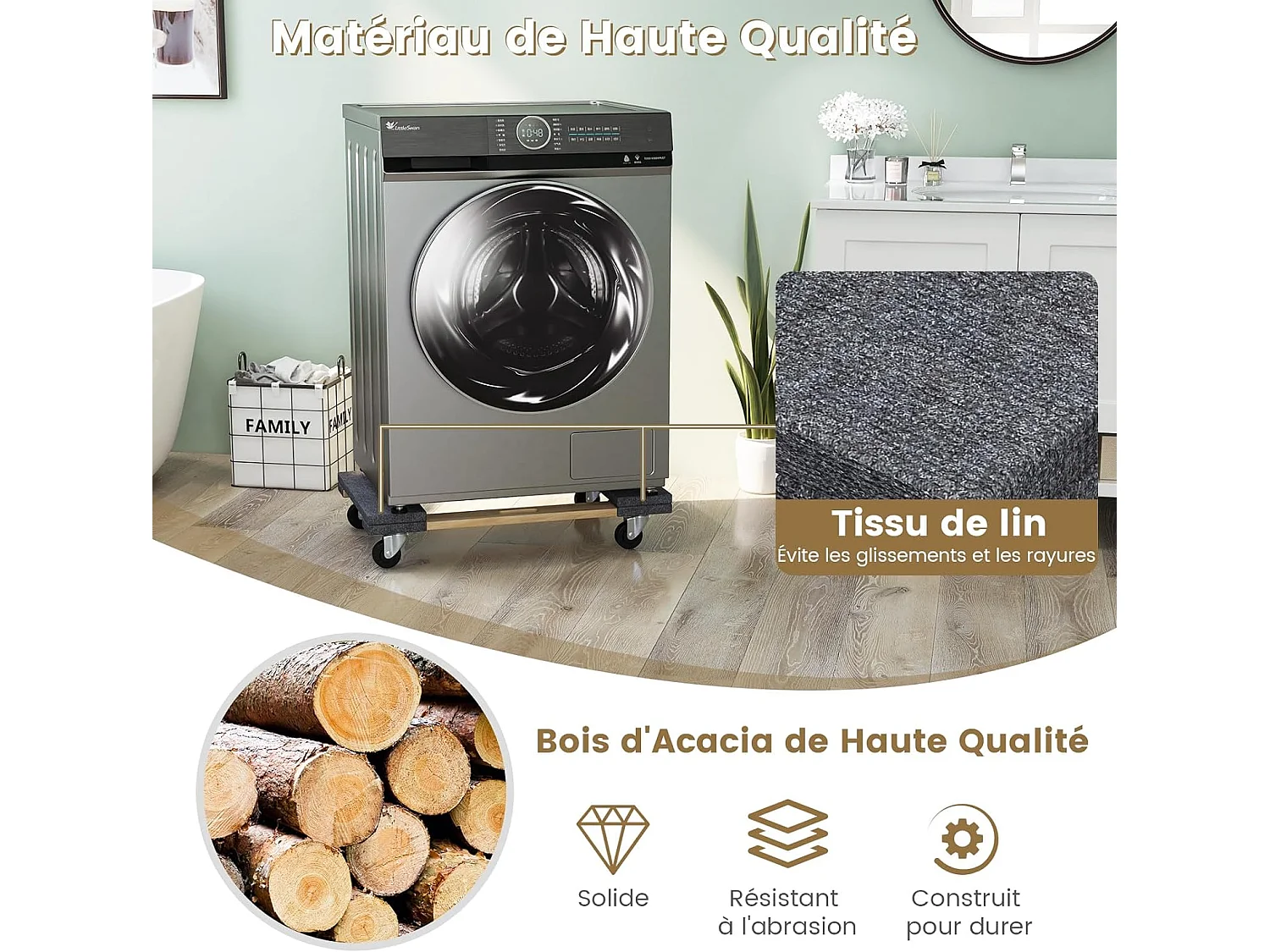 Chariot de Transport à 4 Roues Universelles 77x47 cm, Chariots à roulettes Bois d'Acacia pour Meubles Charge 450KG, Outil de Levage pour Déménagement