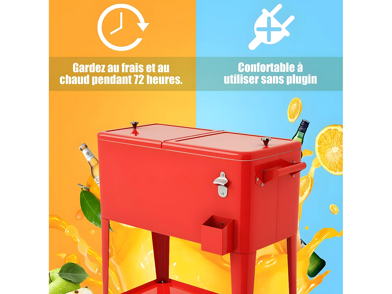 Desserte de Jardin à Roulettes 76L en Fer Solide avec Ouvre-bouteille pour Conserver la Glace et Boissons pour Fête/Terrasse