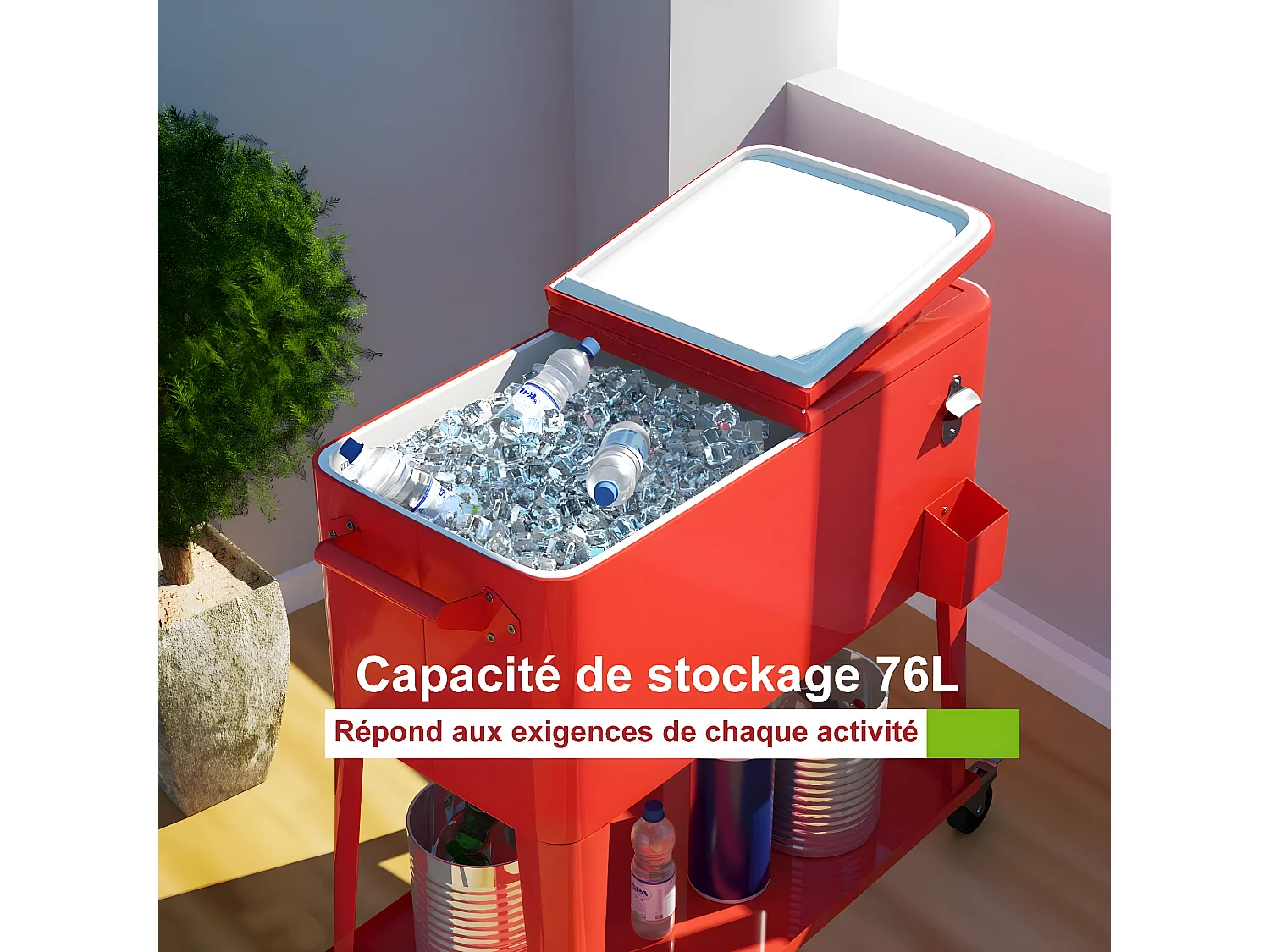 Desserte de Jardin à Roulettes 76L en Fer Solide avec Ouvre-bouteille pour Conserver la Glace et Boissons pour Fête/Terrasse