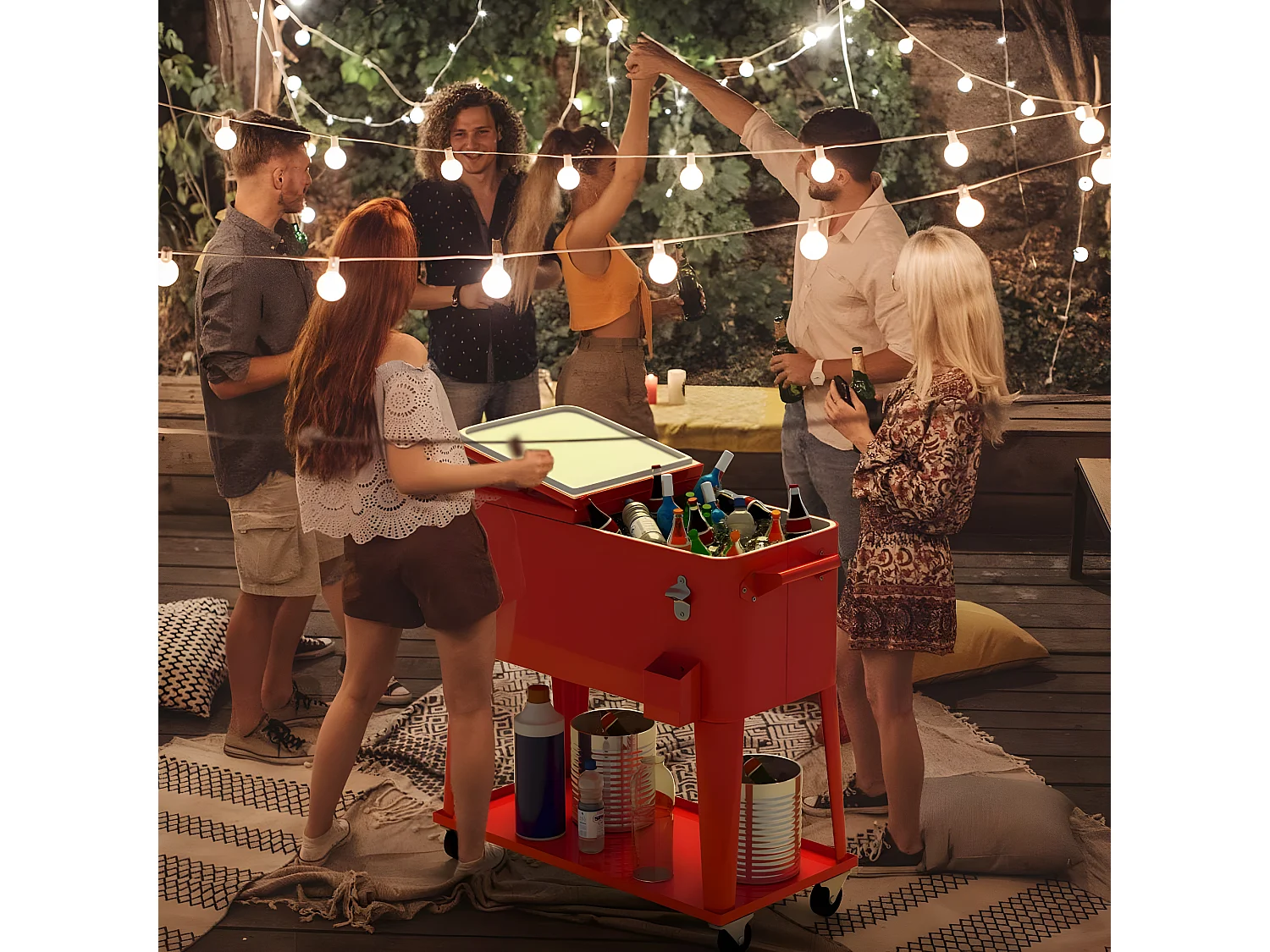 Desserte de Jardin à Roulettes 76L en Fer Solide avec Ouvre-bouteille pour Conserver la Glace et Boissons pour Fête/Terrasse