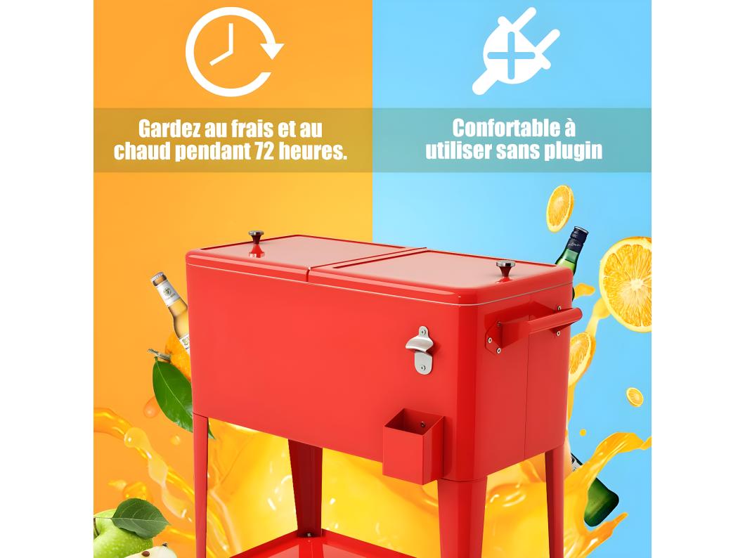 Desserte de Jardin à Roulettes 76L en Fer Solide avec Ouvre-bouteille pour Conserver la Glace et Boissons pour Fête/Terrasse