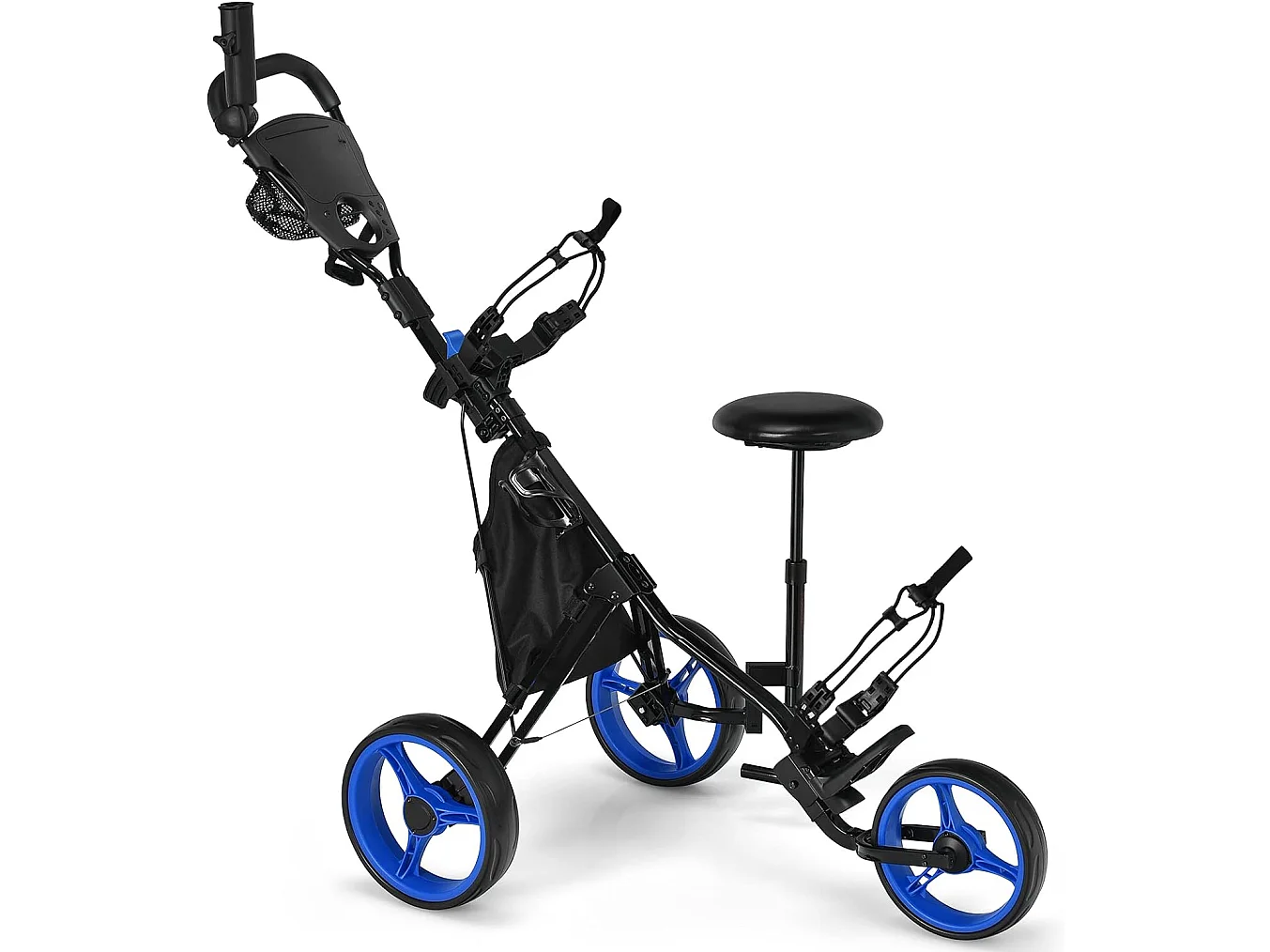 Chariot de Golf à 3 Roues Pliable, avec Porte-gobelet, Frein à Pied, Tableau de Score, Sac de Rangement, Poignée Réglable sur 4 Positions, Porte-Parapluie et Siège Réglables(Bleu + Noir)