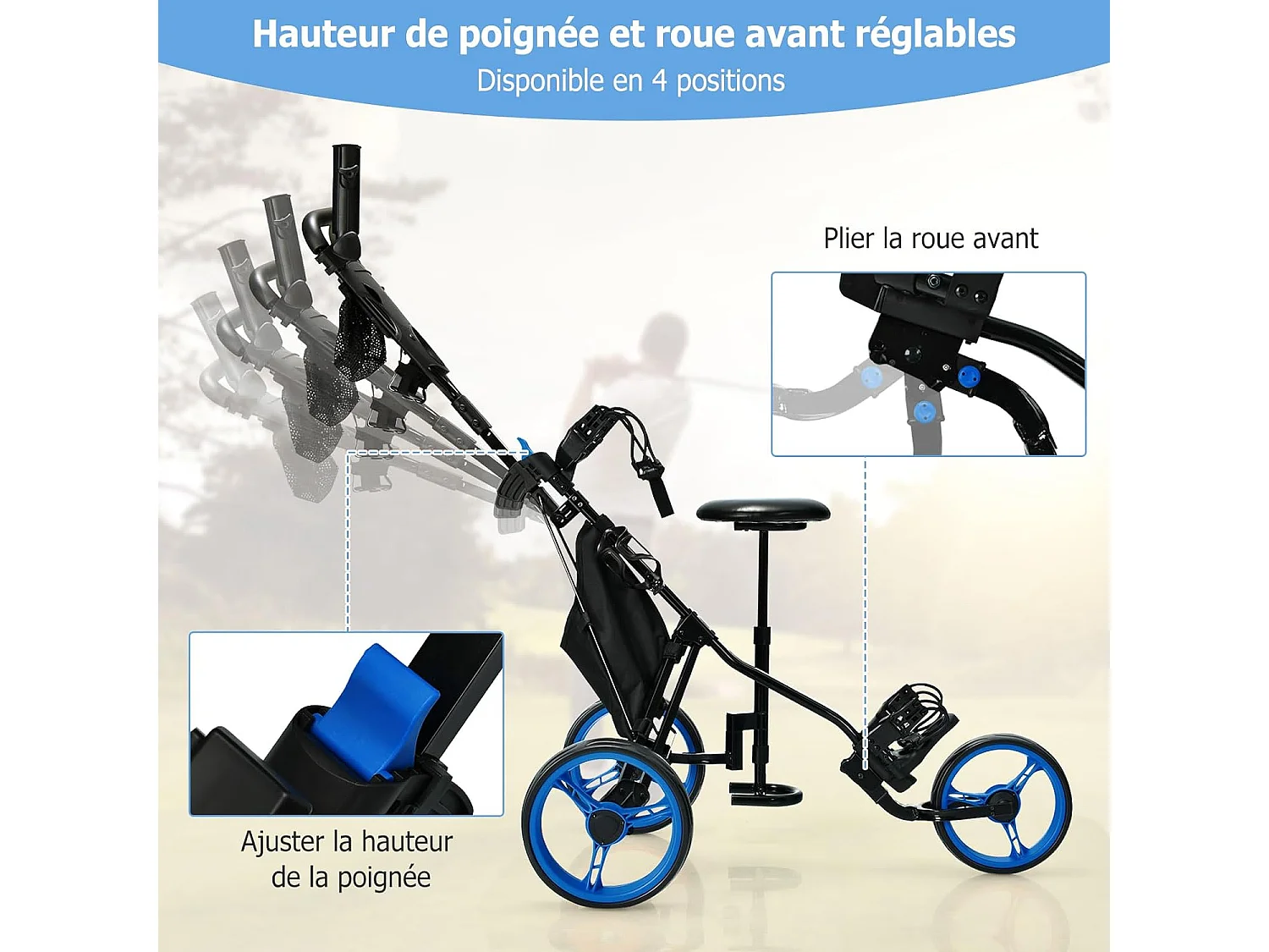Chariot de Golf à 3 Roues Pliable, avec Porte-gobelet, Frein à Pied, Tableau de Score, Sac de Rangement, Poignée Réglable sur 4 Positions, Porte-Parapluie et Siège Réglables(Bleu + Noir)