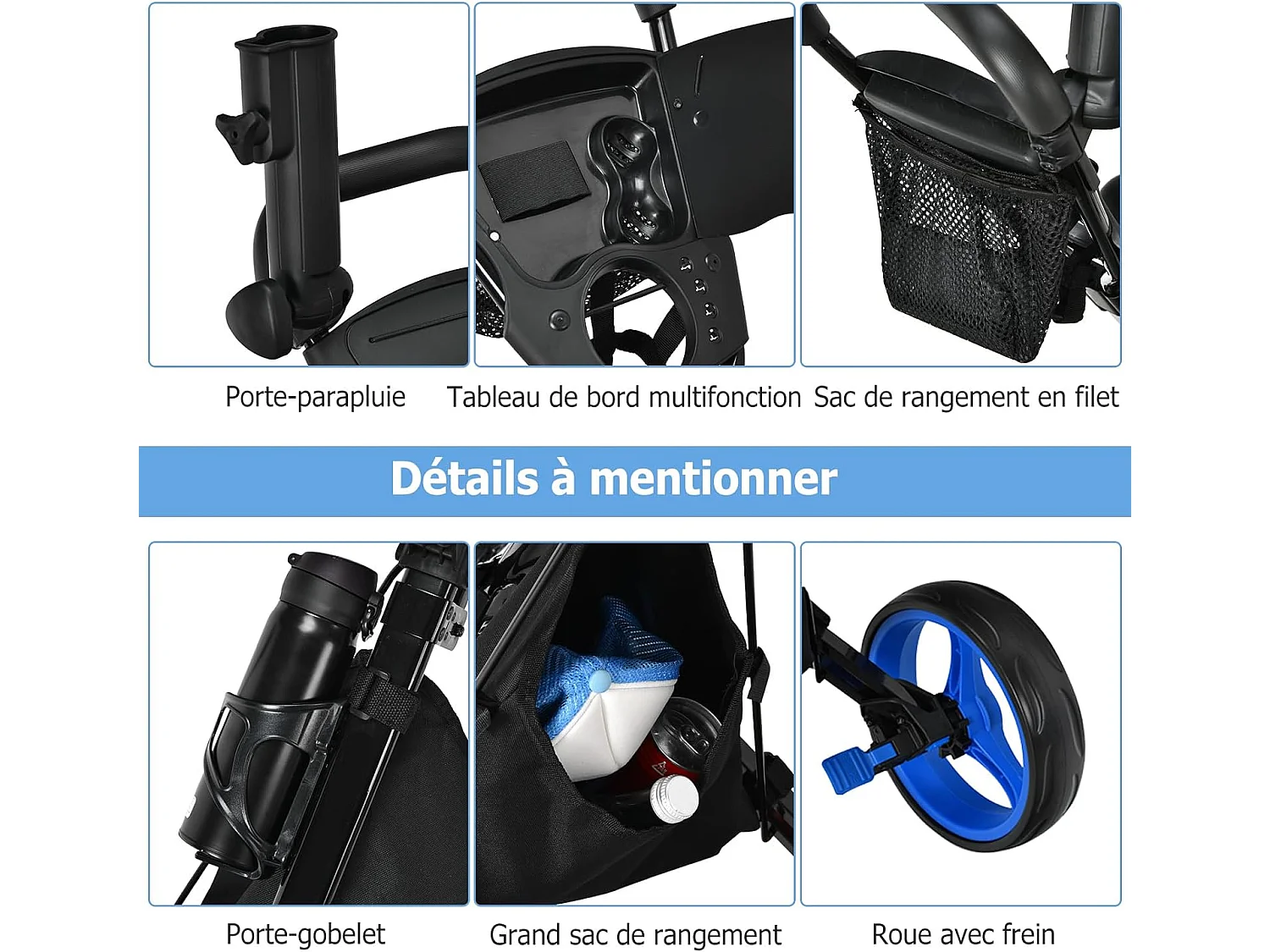 Chariot de Golf à 3 Roues Pliable, avec Porte-gobelet, Frein à Pied, Tableau de Score, Sac de Rangement, Poignée Réglable sur 4 Positions, Porte-Parapluie et Siège Réglables(Bleu + Noir)