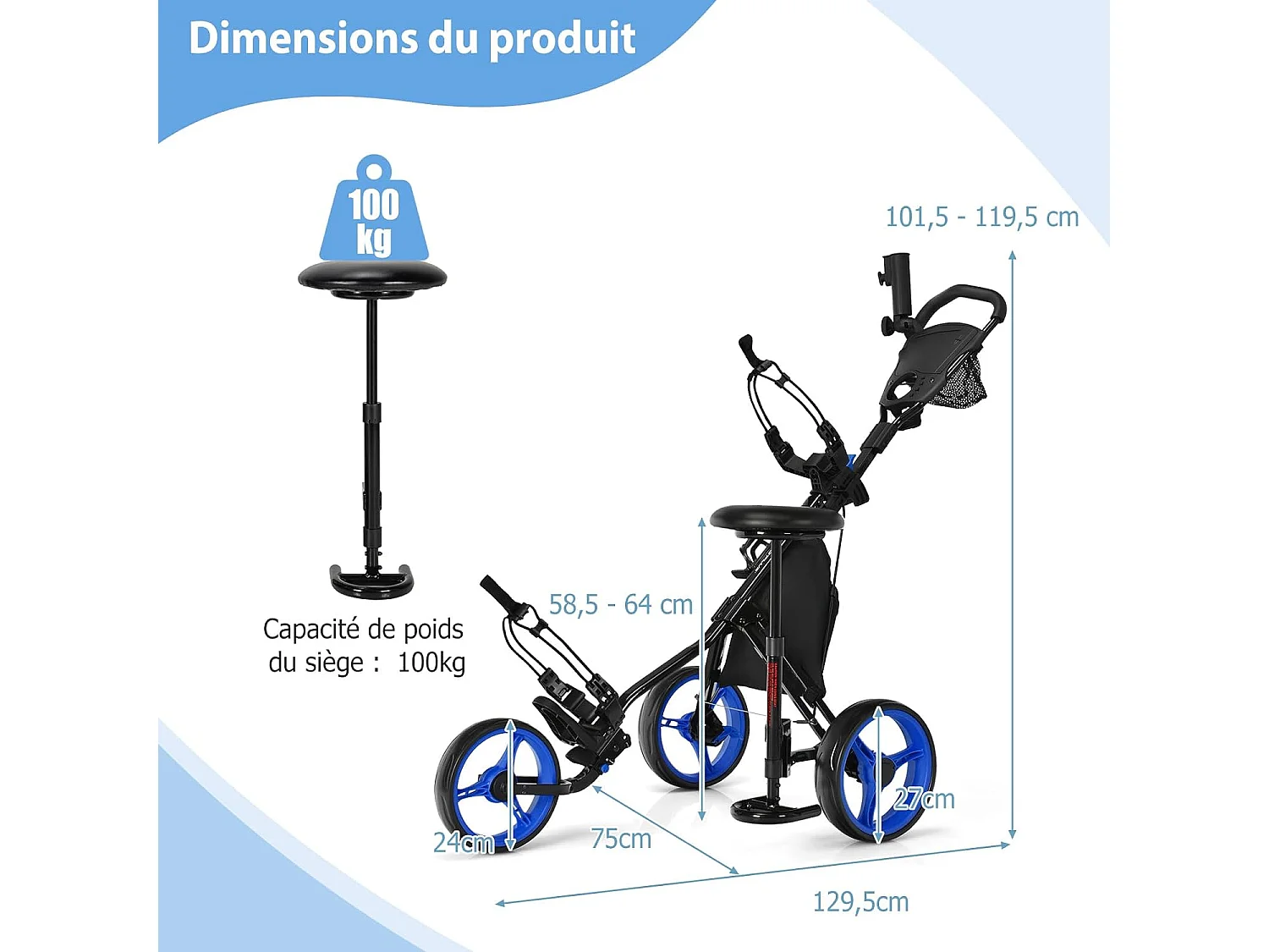 Chariot de Golf à 3 Roues Pliable, avec Porte-gobelet, Frein à Pied, Tableau de Score, Sac de Rangement, Poignée Réglable sur 4 Positions, Porte-Parapluie et Siège Réglables(Bleu + Noir)