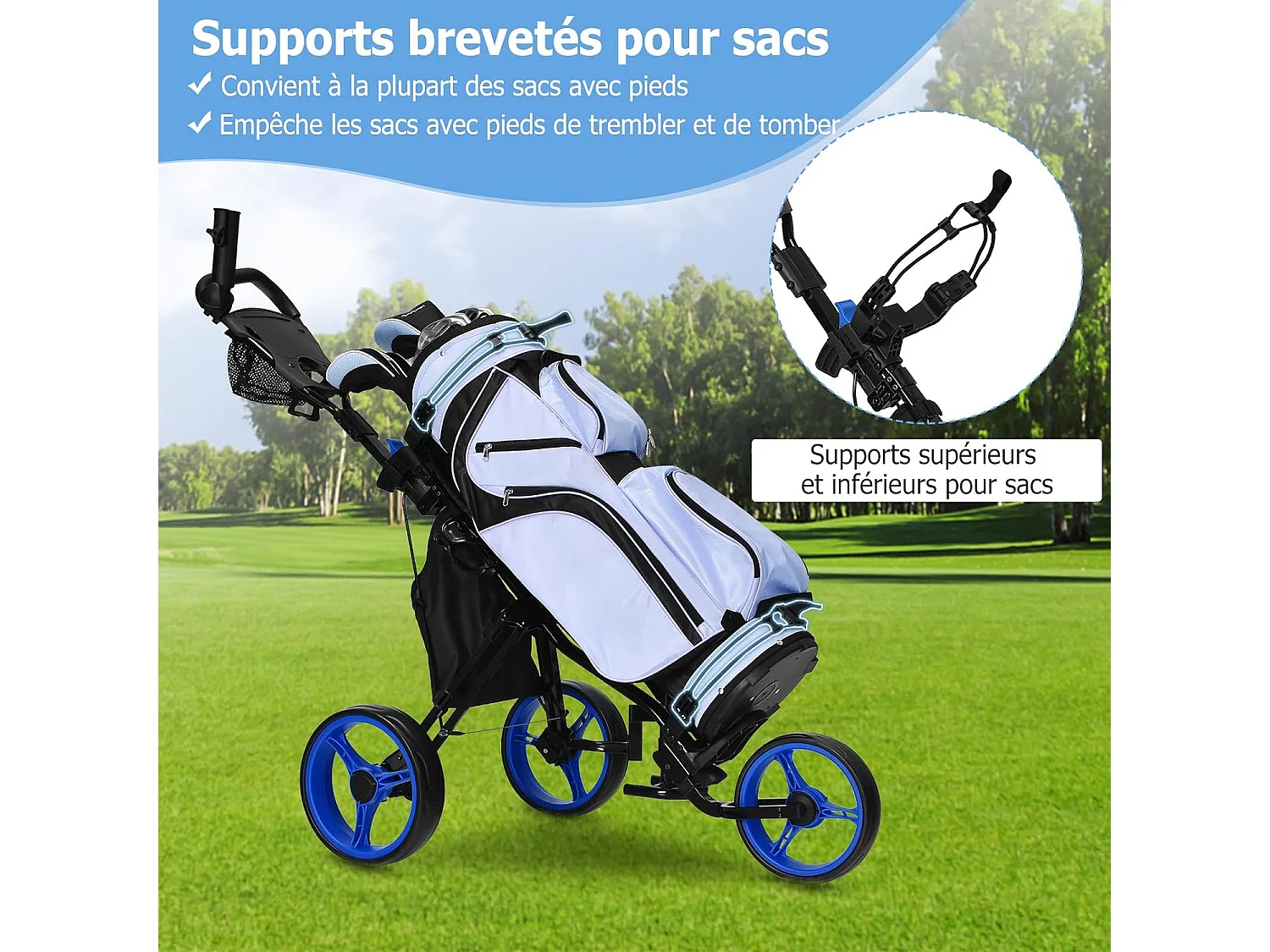 Chariot de Golf à 3 Roues Pliable, avec Porte-gobelet, Frein à Pied, Tableau de Score, Sac de Rangement, Poignée Réglable sur 4 Positions, Porte-Parapluie et Siège Réglables(Bleu + Noir)