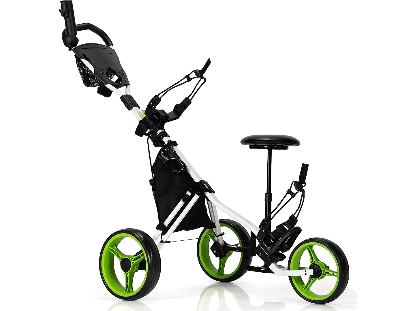Chariot de Golf à 3 Roues Pliable, avec Porte-gobelet, Frein à Pied, Tableau de Score, Sac de Rangement, Poignée Réglable sur 4 Positions, Porte-Parapluie et Siège Réglables(Vert + Noir)