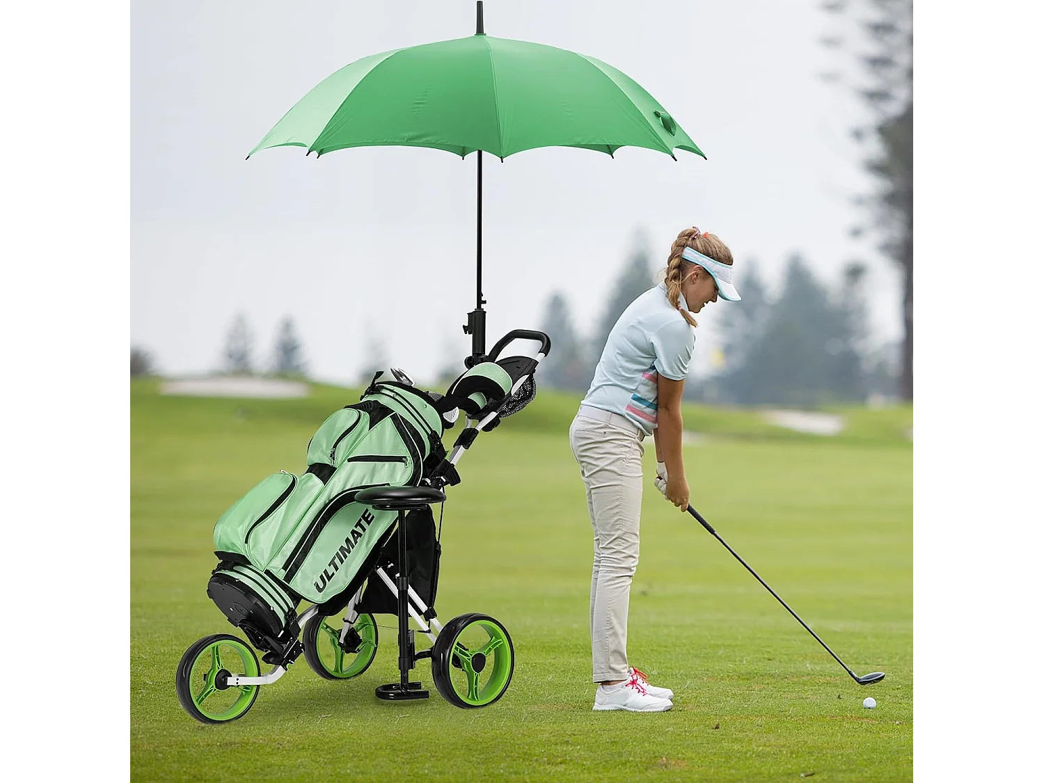 Chariot de Golf à 3 Roues Pliable, avec Porte-gobelet, Frein à Pied, Tableau de Score, Sac de Rangement, Poignée Réglable sur 4 Positions, Porte-Parapluie et Siège Réglables(Vert + Noir)